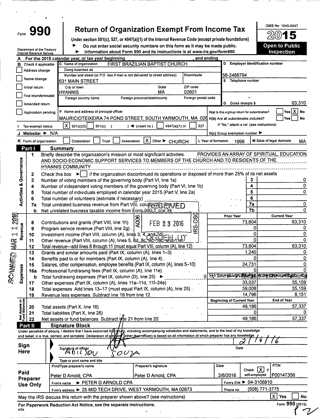 Image of first page of 2015 Form 990 for First Brazilian Baptist Church