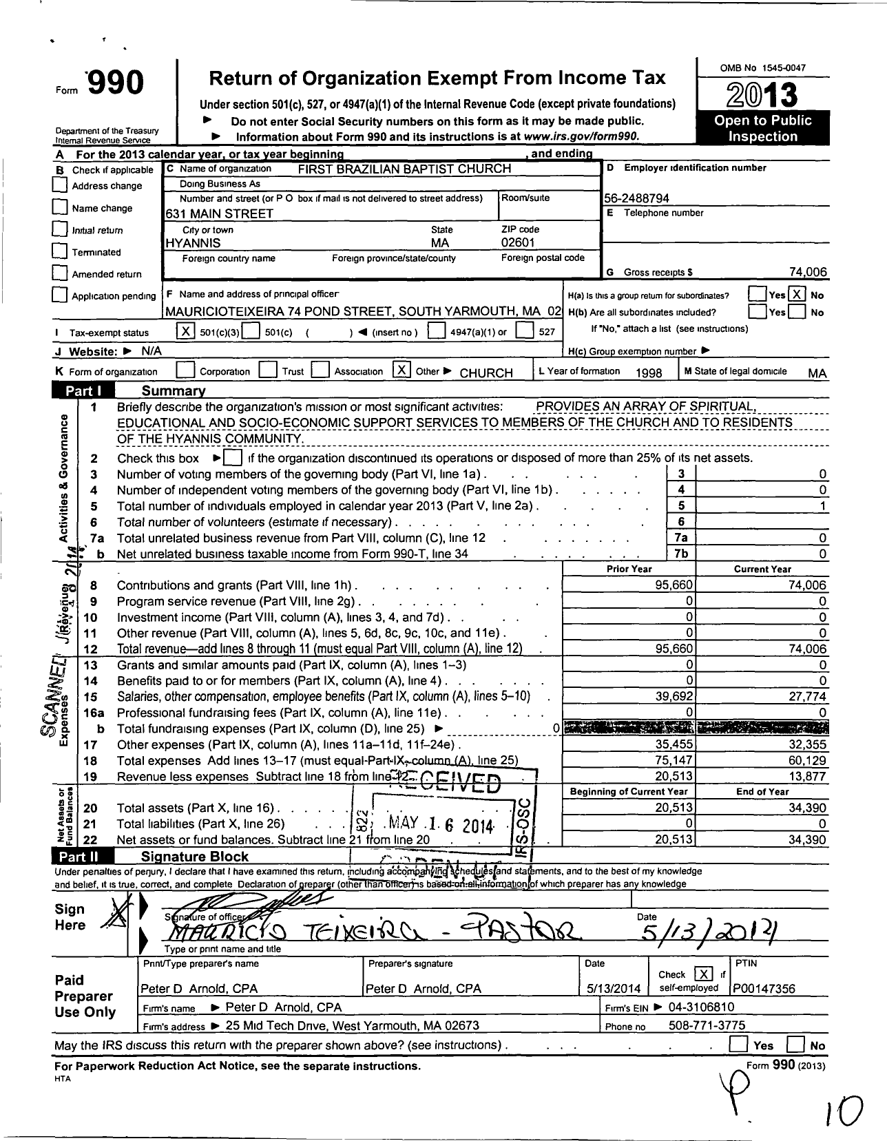 Image of first page of 2013 Form 990 for First Brazilian Baptist Church