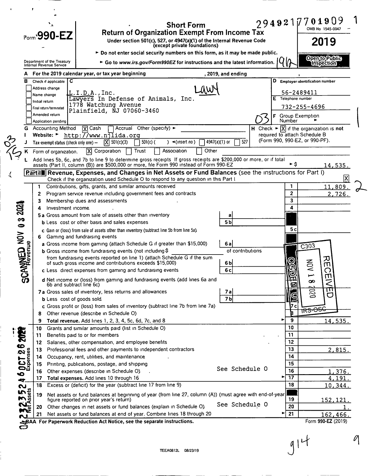 Image of first page of 2019 Form 990EZ for Lawyers In Defense of Animals