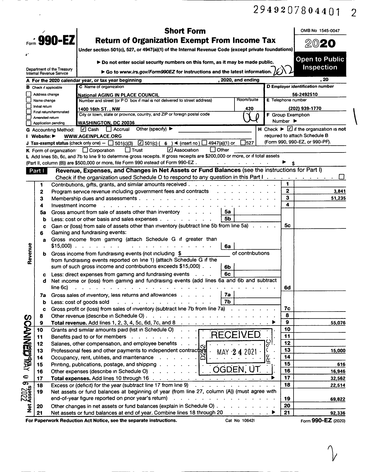 Image of first page of 2020 Form 990EO for National Aging in Place Council