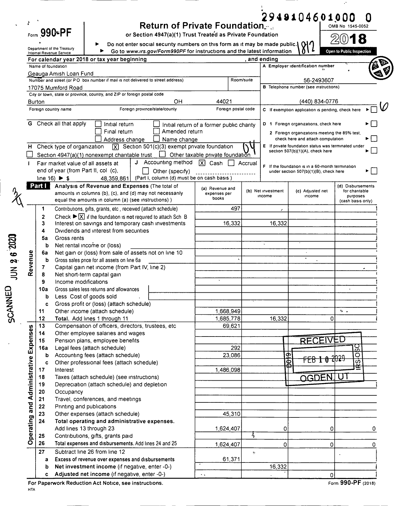 Image of first page of 2018 Form 990PR for Geauga Amish Loan Fund