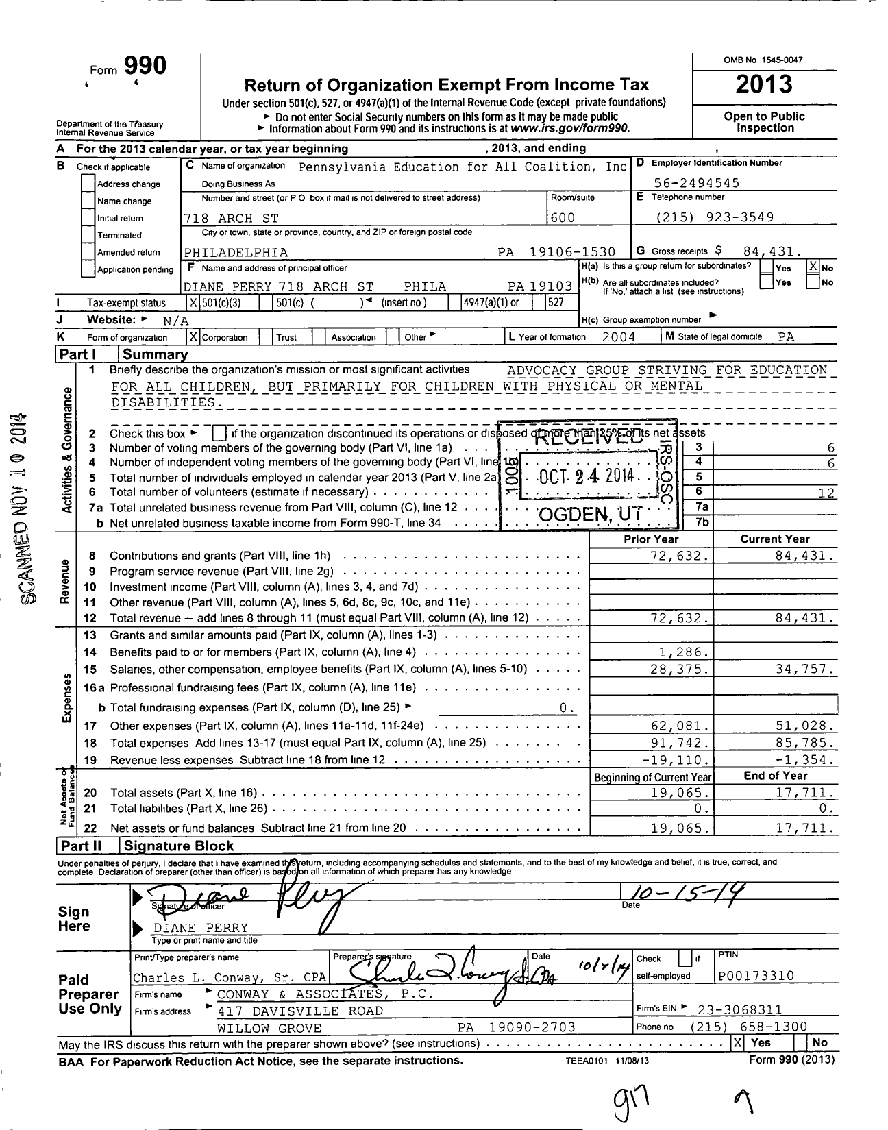 Image of first page of 2013 Form 990 for Pennsylvanias Education for All Coalition