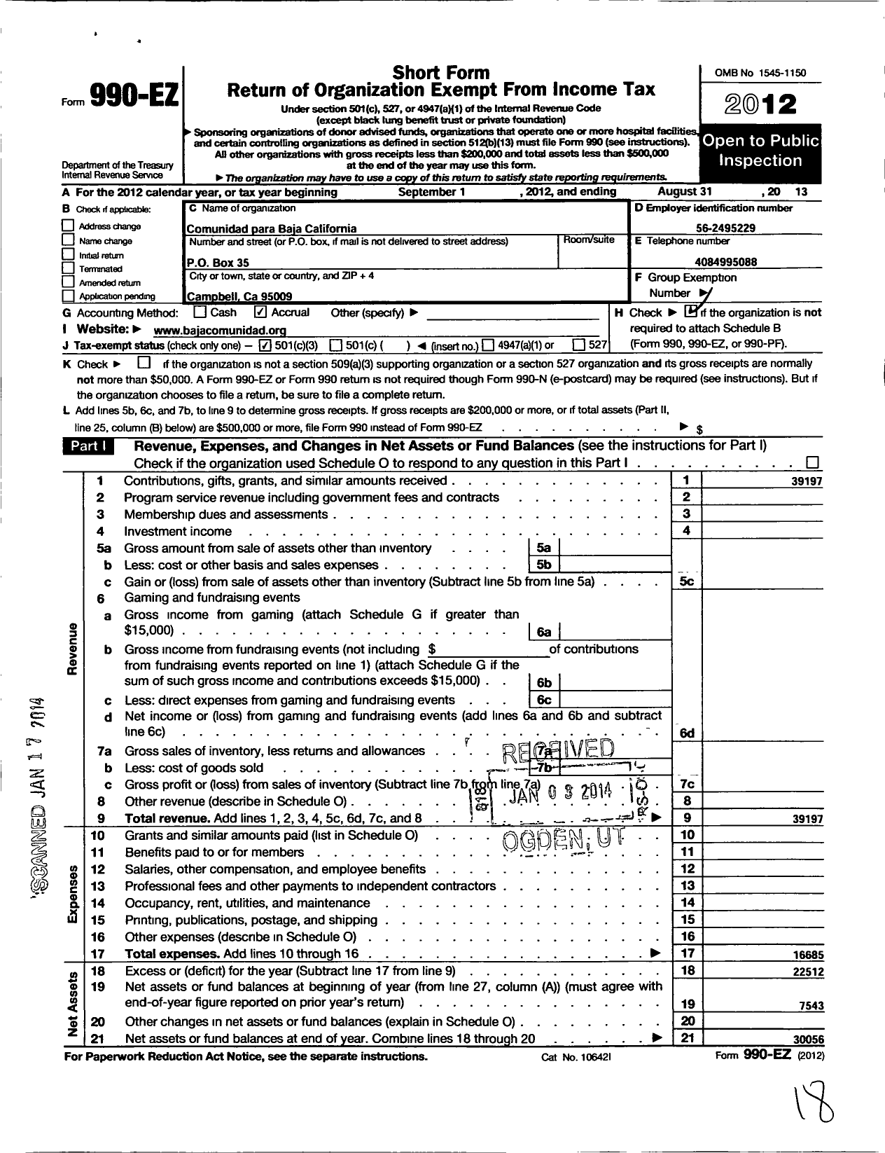 Image of first page of 2012 Form 990EZ for Comunidad para Baja California