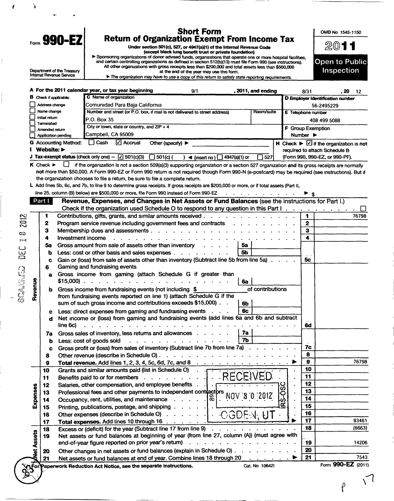 Image of first page of 2011 Form 990EZ for Comunidad para Baja California