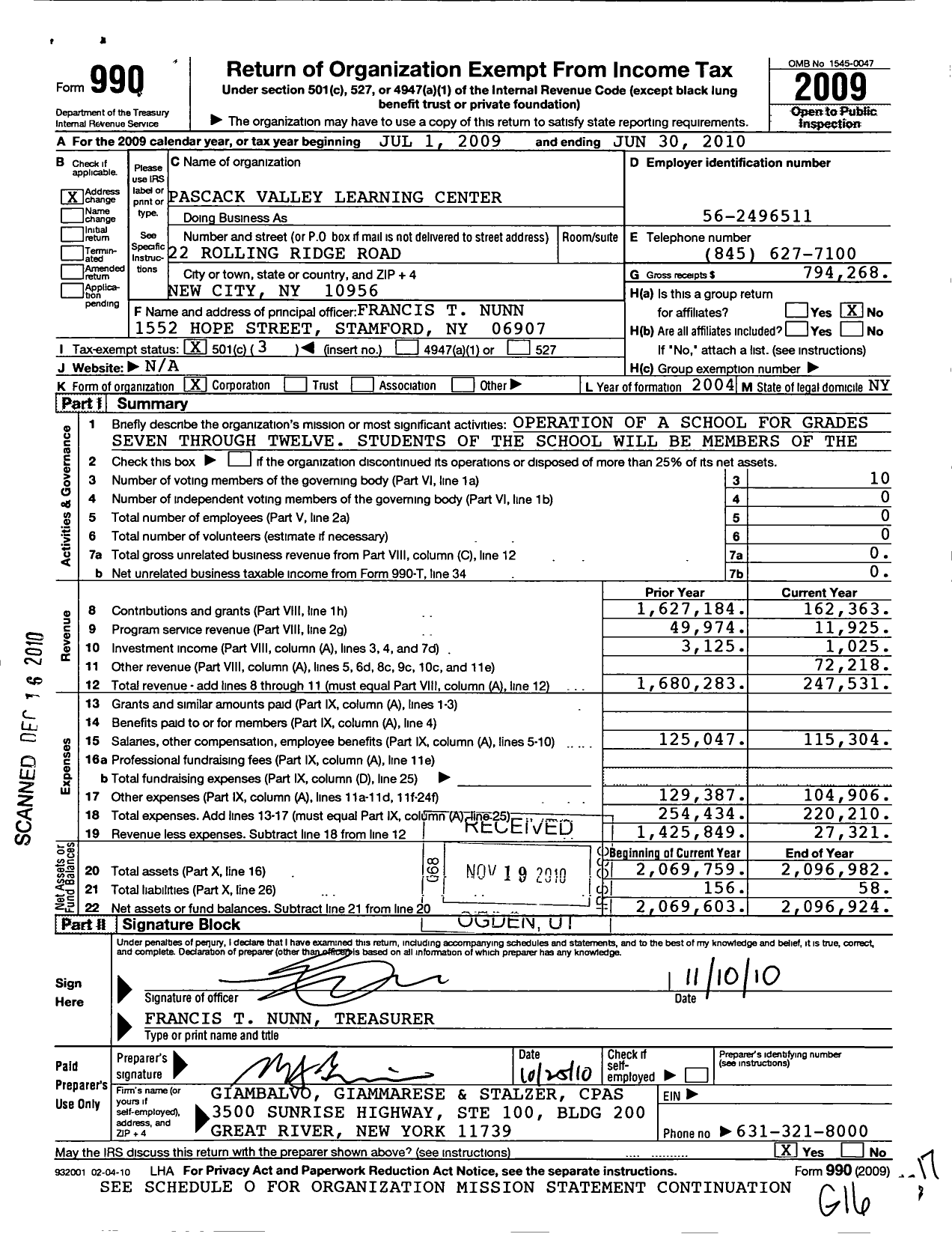 Image of first page of 2009 Form 990 for Pascack Valley Learning Center
