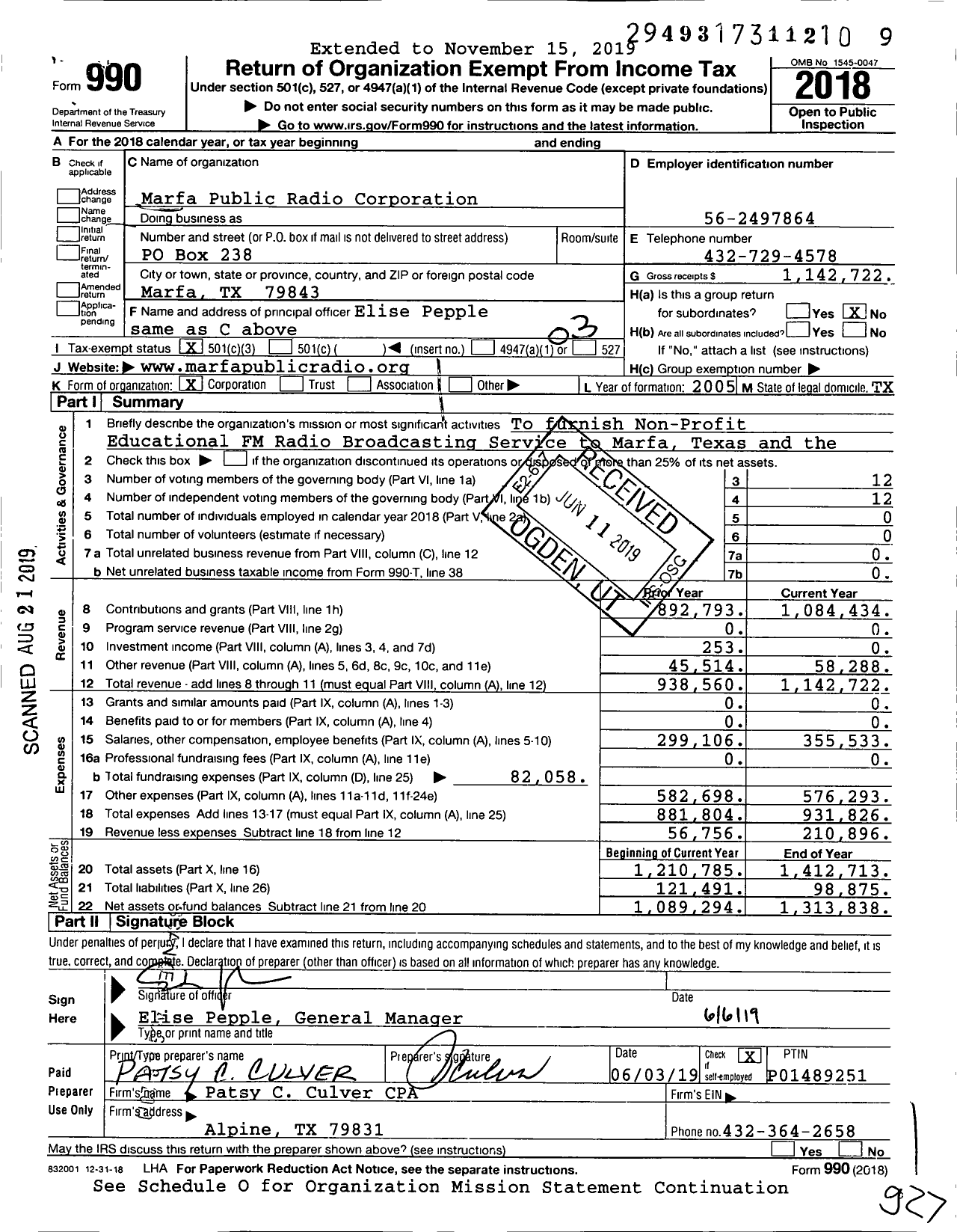 Image of first page of 2018 Form 990 for Marfa Public Radio Corporation
