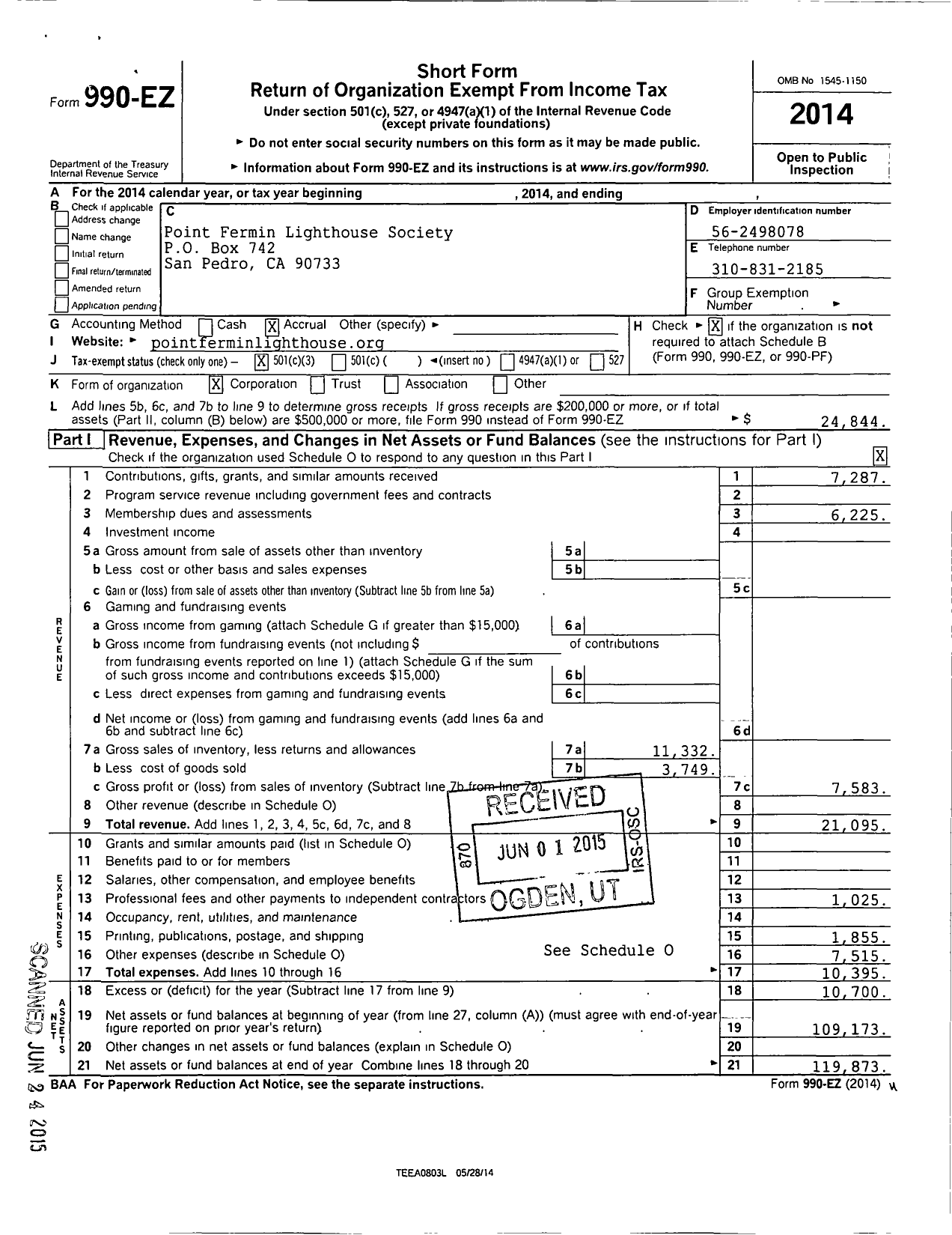 Image of first page of 2014 Form 990EZ for Point Fermin Lighthouse Society