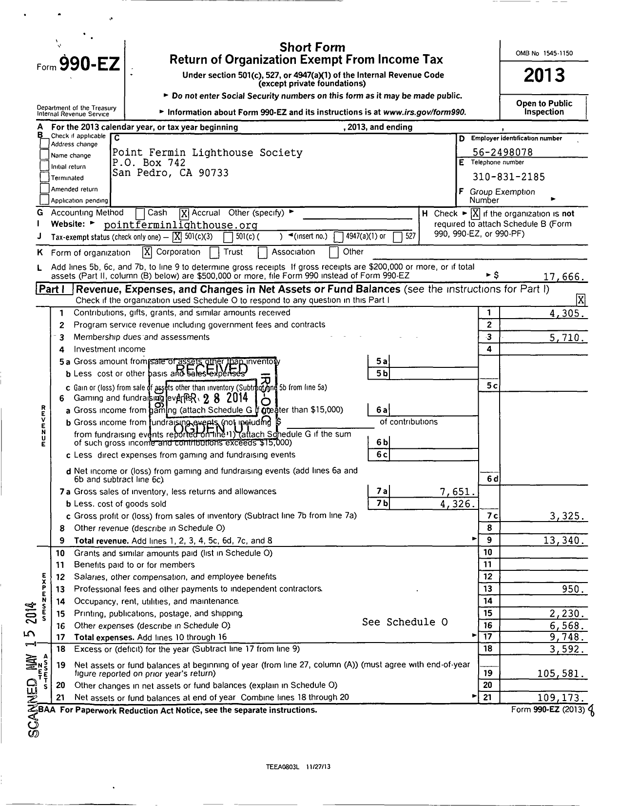 Image of first page of 2013 Form 990EZ for Point Fermin Lighthouse Society