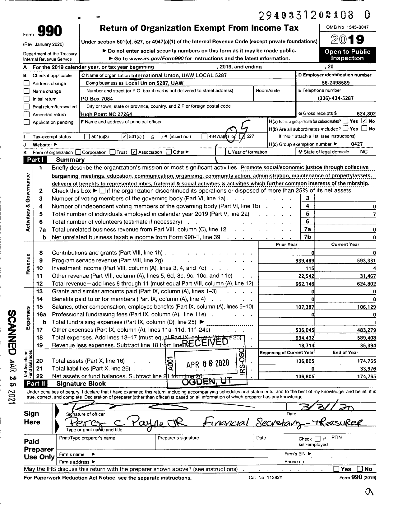 Image of first page of 2019 Form 990O for UAW - LOCAL Union 5287 UAW