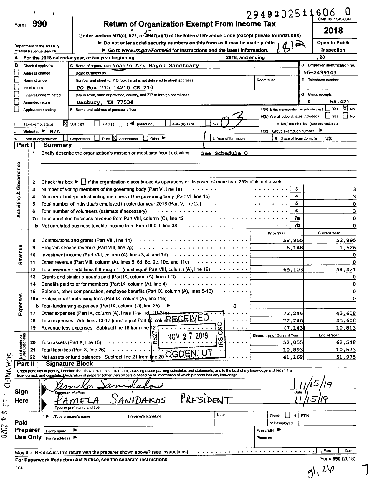 Image of first page of 2018 Form 990 for Noahs Ark Bayou Sanctuary (NABS)