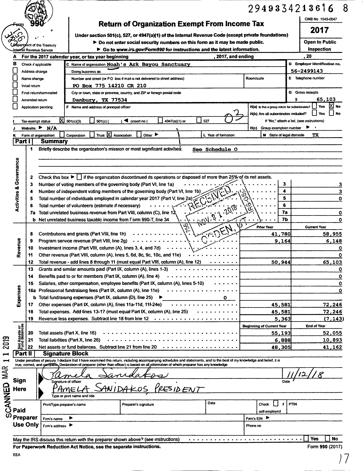 Image of first page of 2017 Form 990 for Noahs Ark Bayou Sanctuary (NABS)