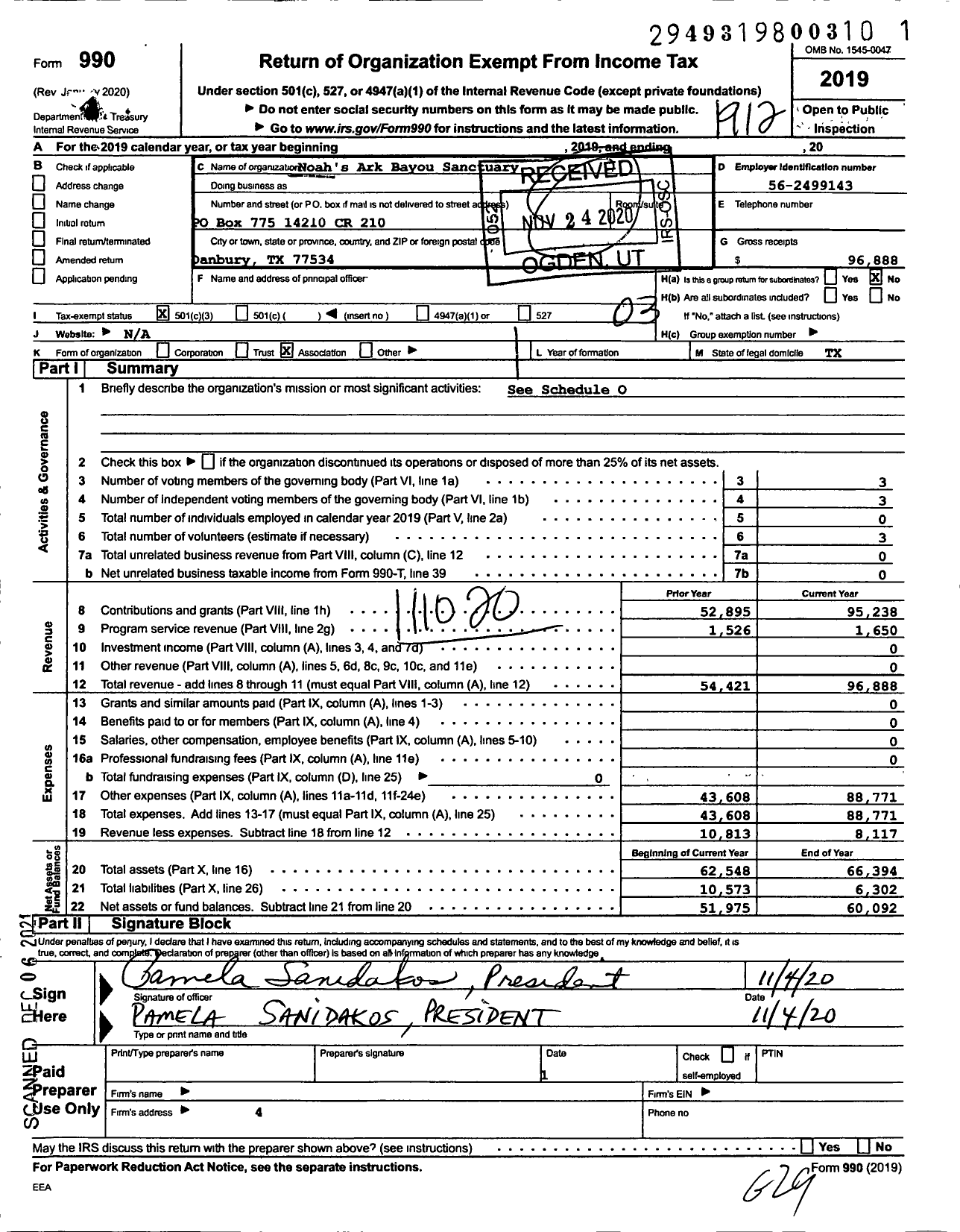 Image of first page of 2019 Form 990 for Noahs Ark Bayou Sanctuary (NABS)