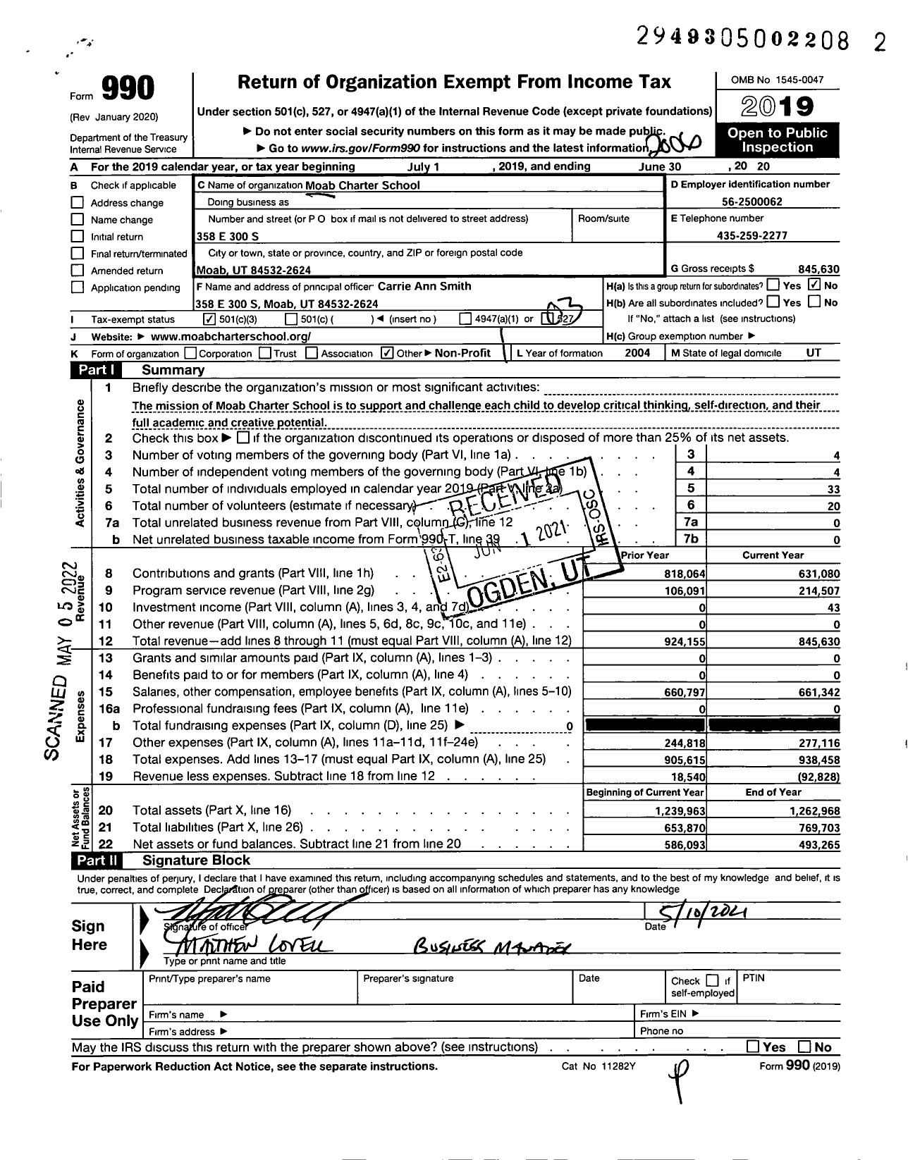 Image of first page of 2019 Form 990 for Moab Charter School