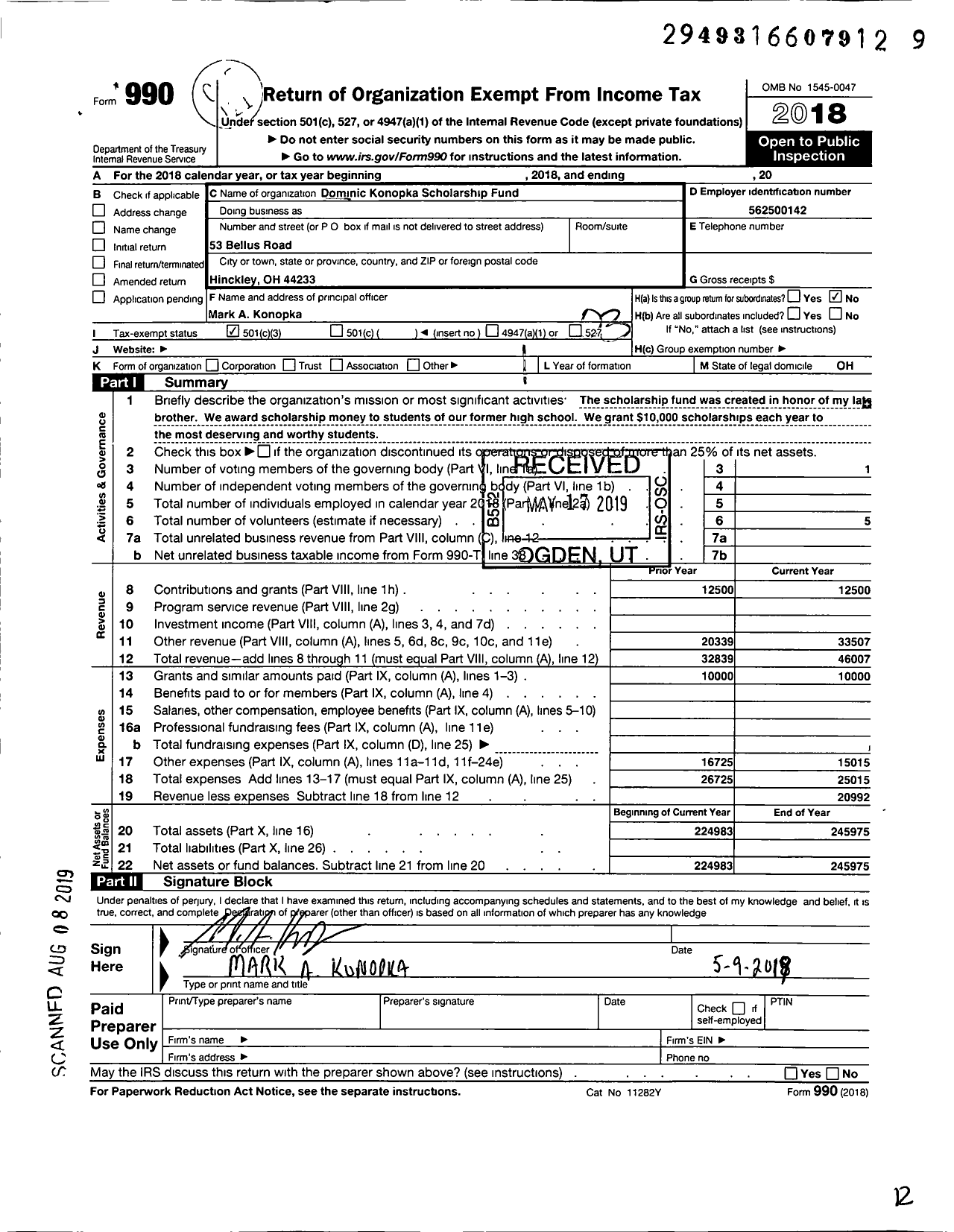 Image of first page of 2018 Form 990 for Dominic Konopka Scholarship Fund