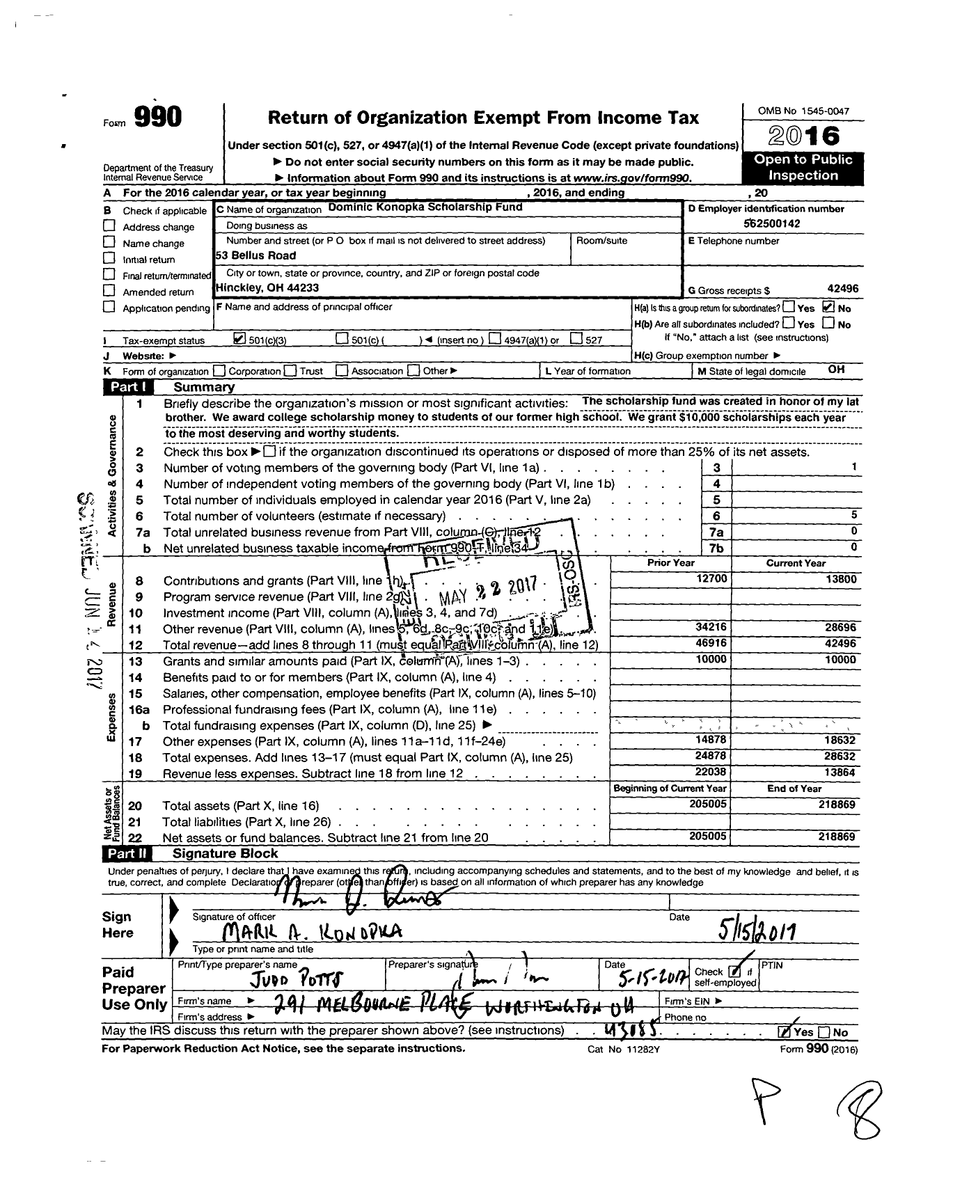Image of first page of 2016 Form 990 for Dominic Konopka Scholarship Fund