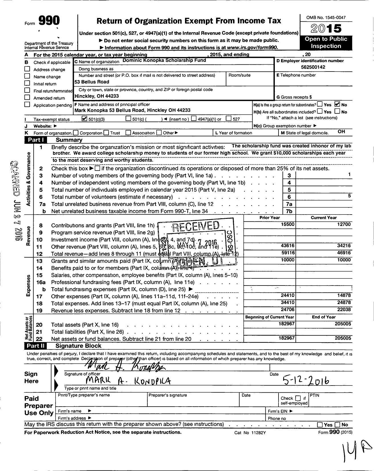 Image of first page of 2015 Form 990 for Dominic Konopka Scholarship Fund