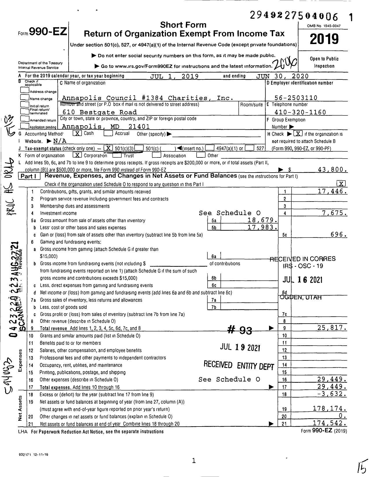 Image of first page of 2019 Form 990EZ for Annapolis Council 1384 Charities