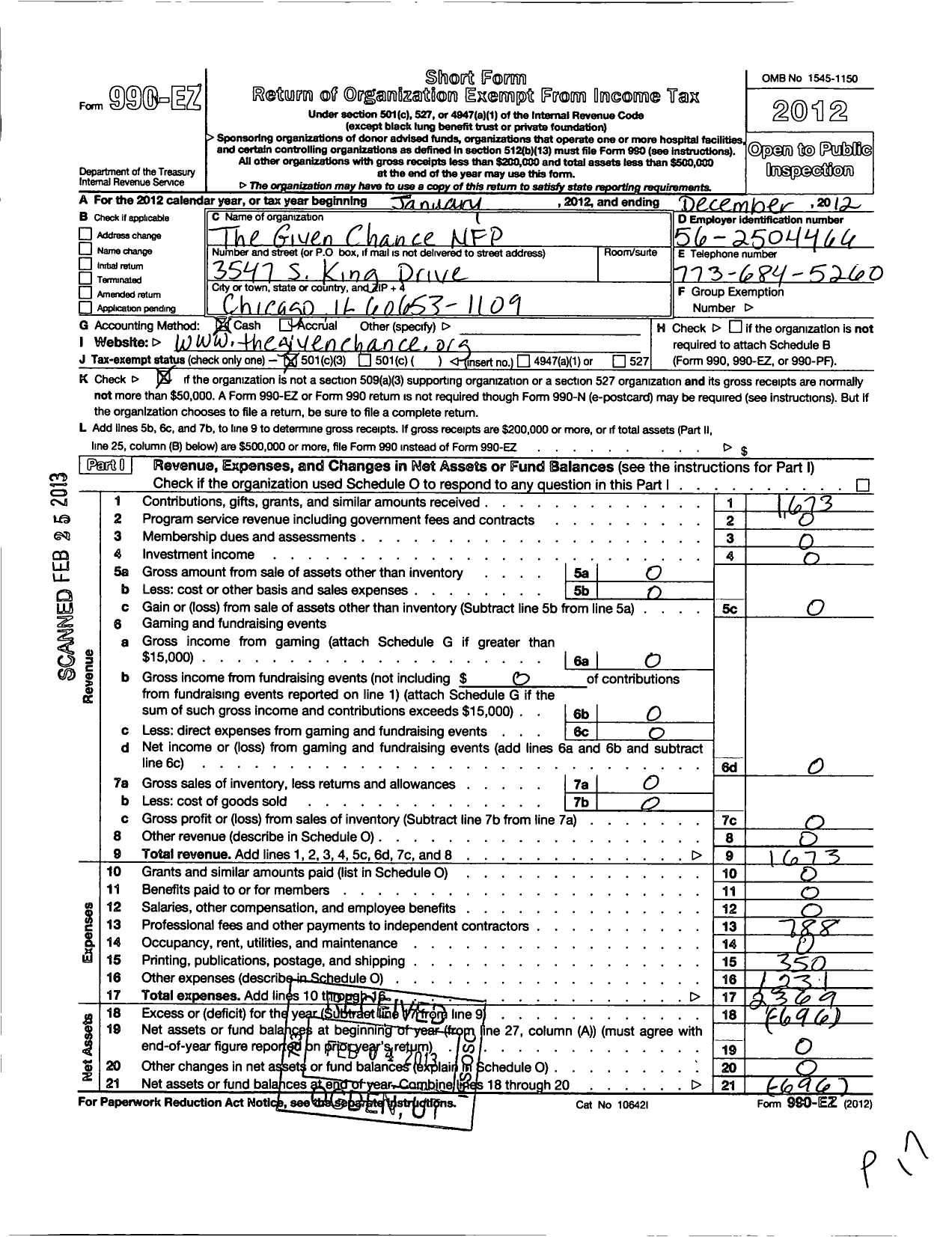 Image of first page of 2012 Form 990EZ for Given Chance NFP