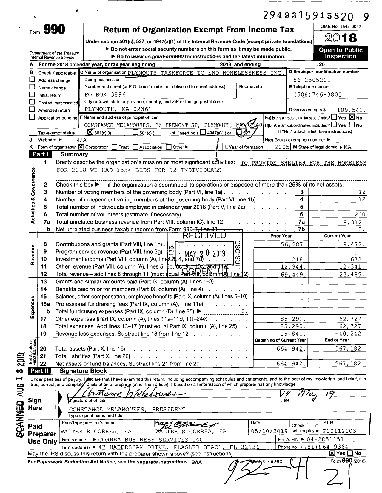 Image of first page of 2018 Form 990 for Plymouth Taskforce To End Homelessness