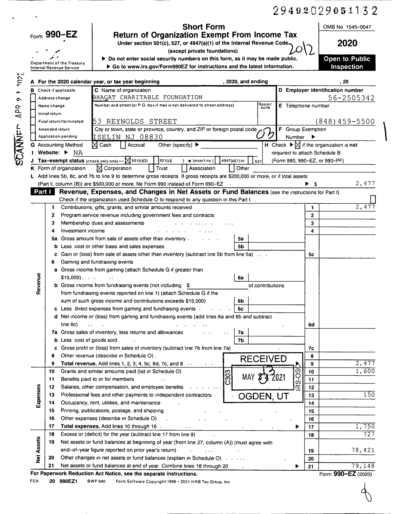 Image of first page of 2020 Form 990EZ for Bhagat Charitable Foundation