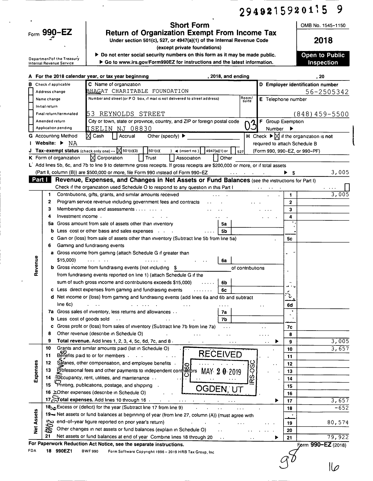 Image of first page of 2018 Form 990EZ for Bhagat Charitable Foundation