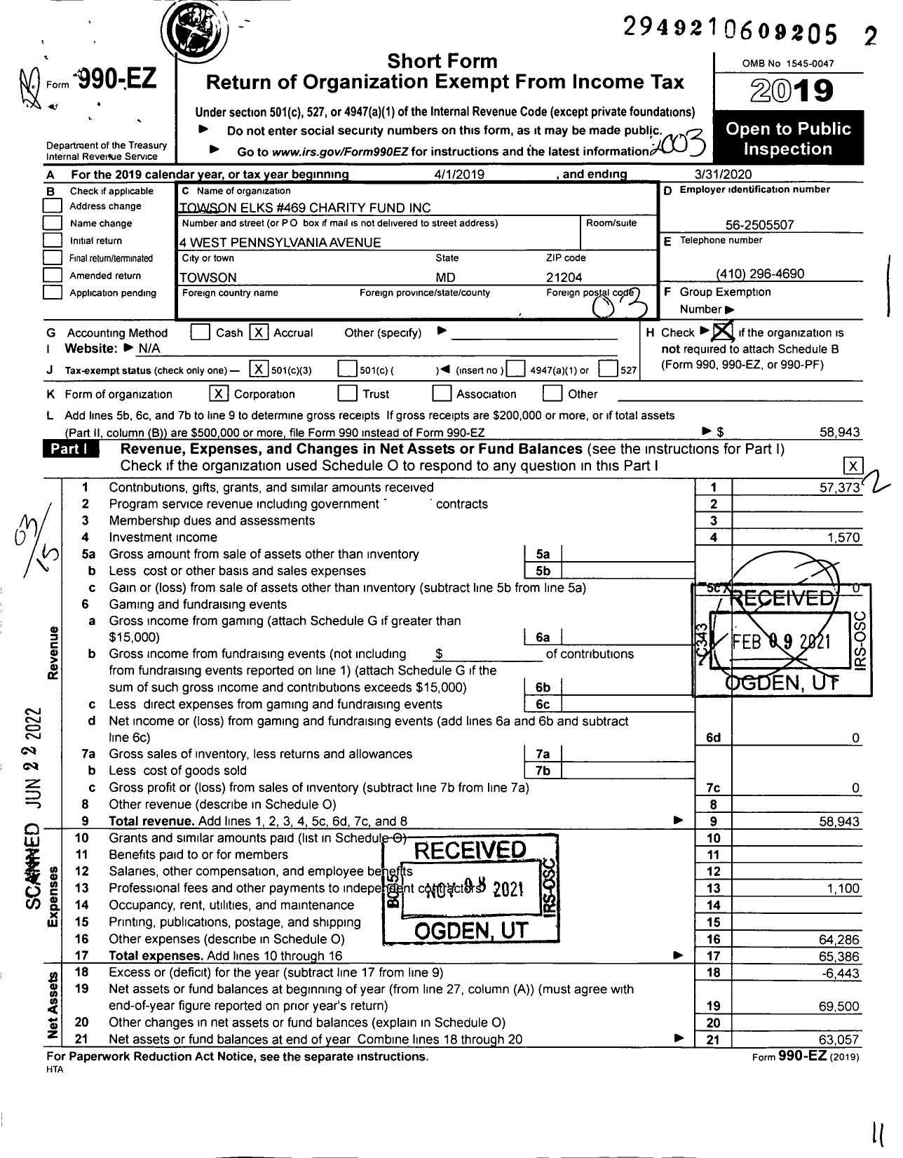 Image of first page of 2019 Form 990EZ for Towson Elks #469 Charity Fund