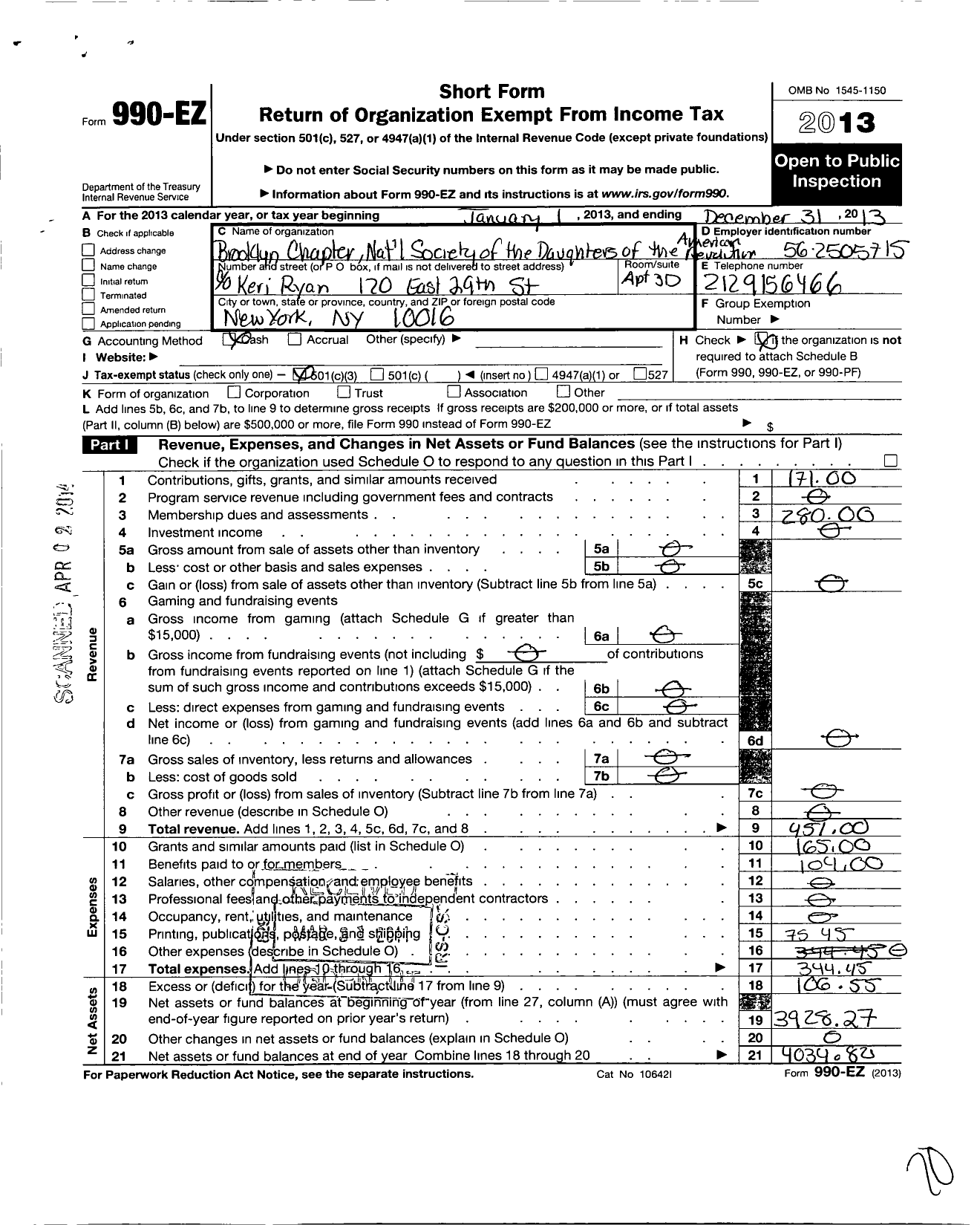 Image of first page of 2013 Form 990EZ for National Society Daughters of the American Revolution