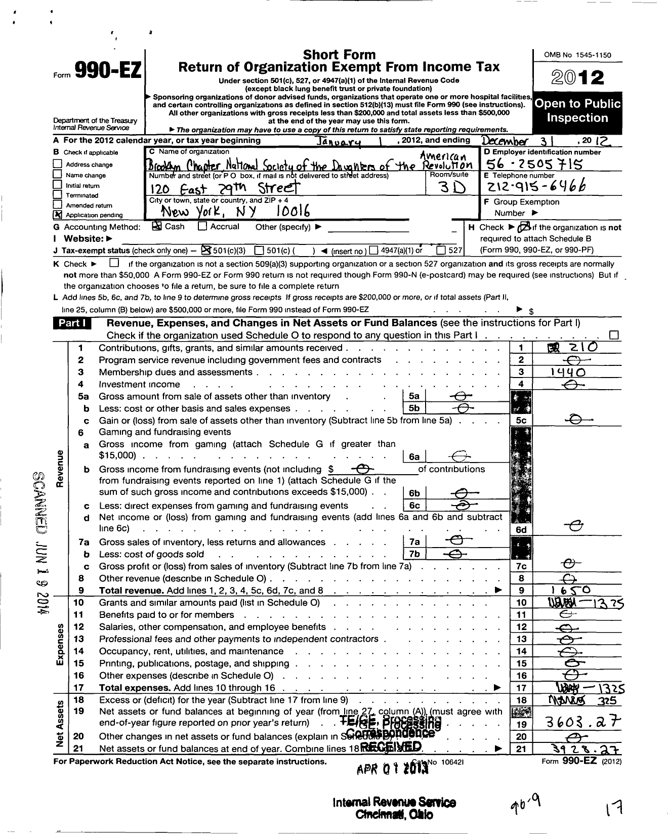 Image of first page of 2012 Form 990EZ for National Society Daughters of the American Revolution