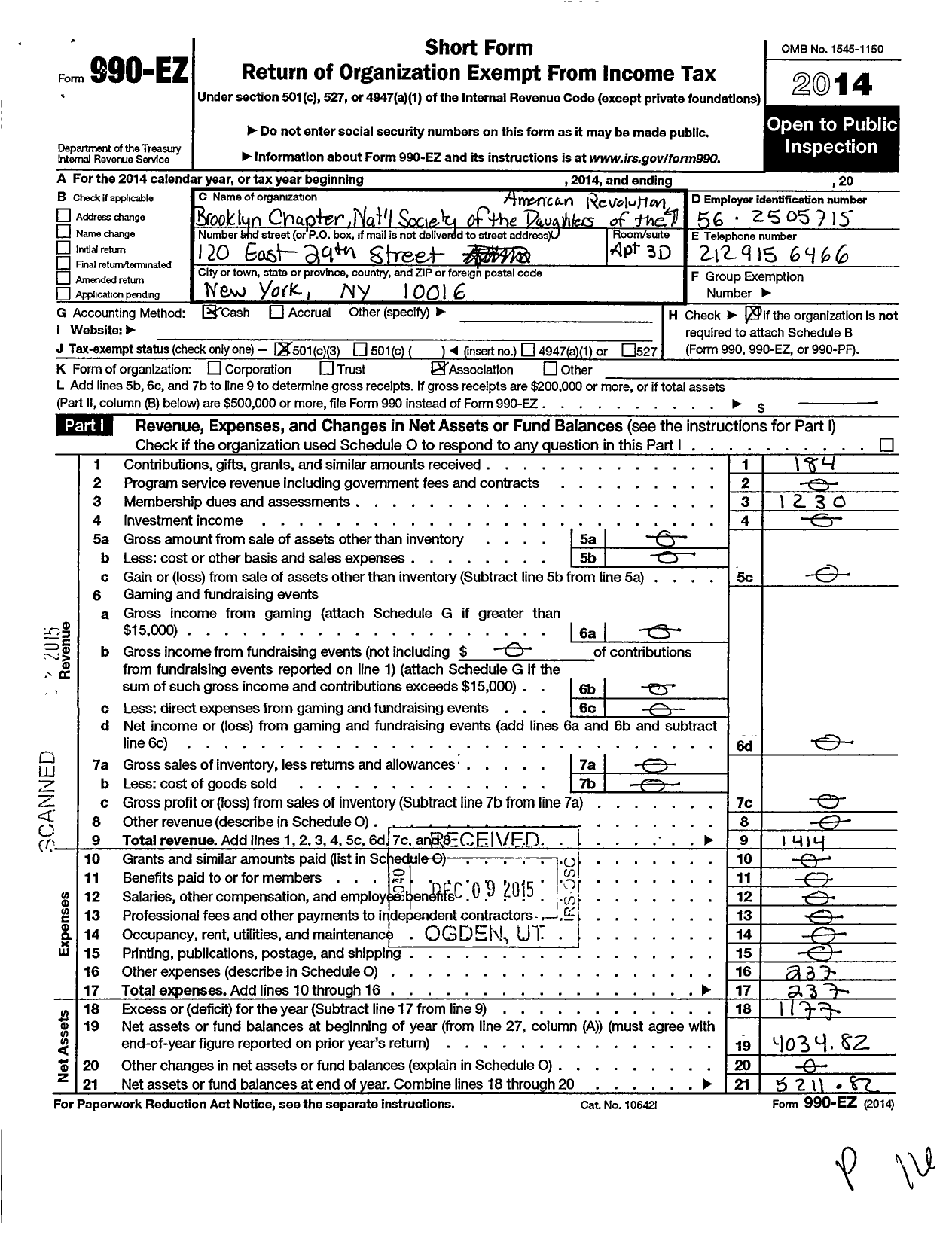 Image of first page of 2014 Form 990EZ for National Society Daughters of the American Revolution