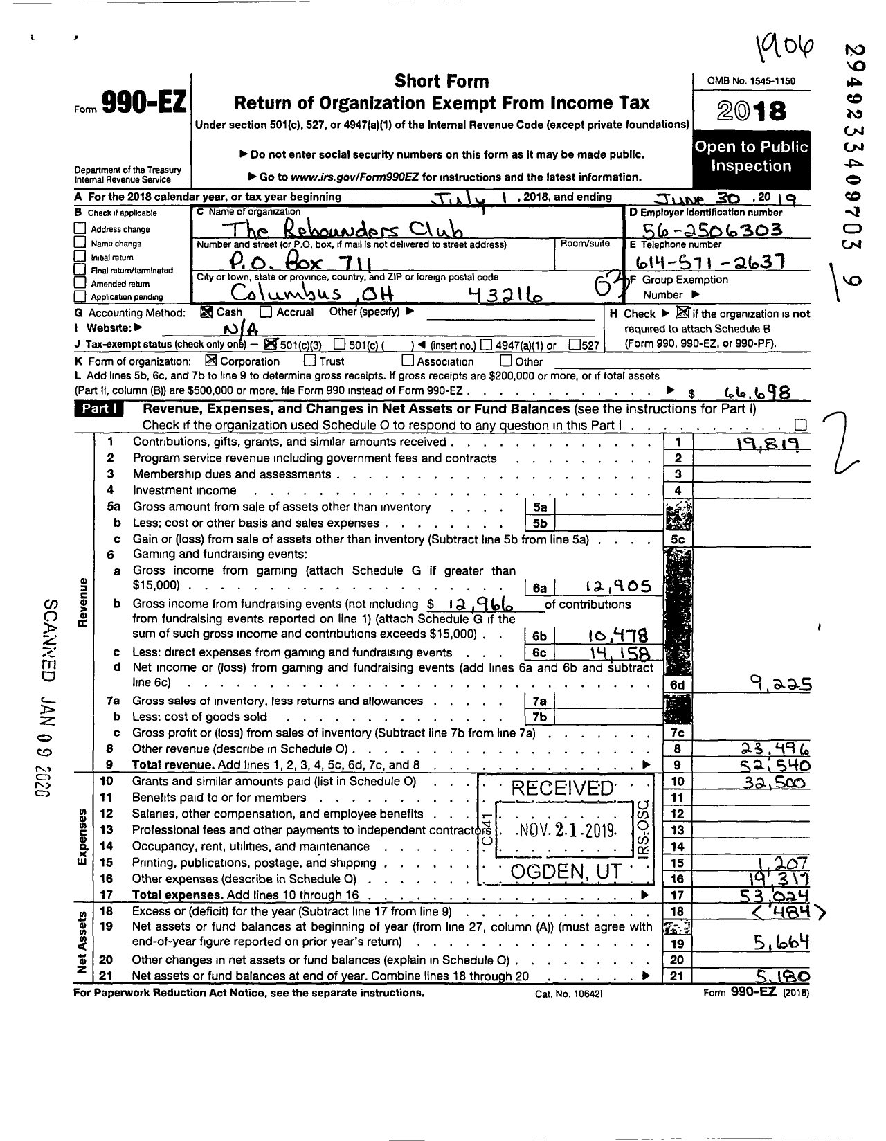 Image of first page of 2018 Form 990EZ for Rebounders Club