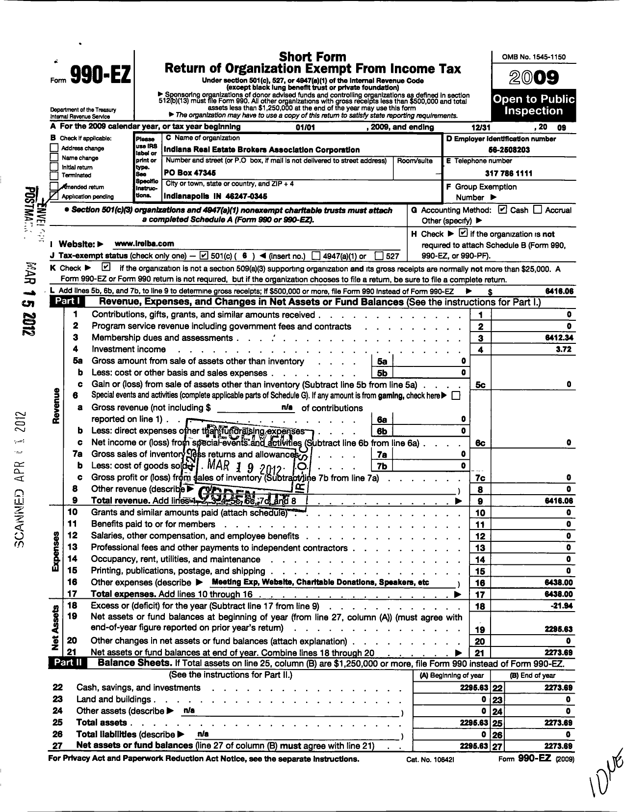 Image of first page of 2009 Form 990EO for Indiana Real Estate Independent Brokers Association (IREIBA)