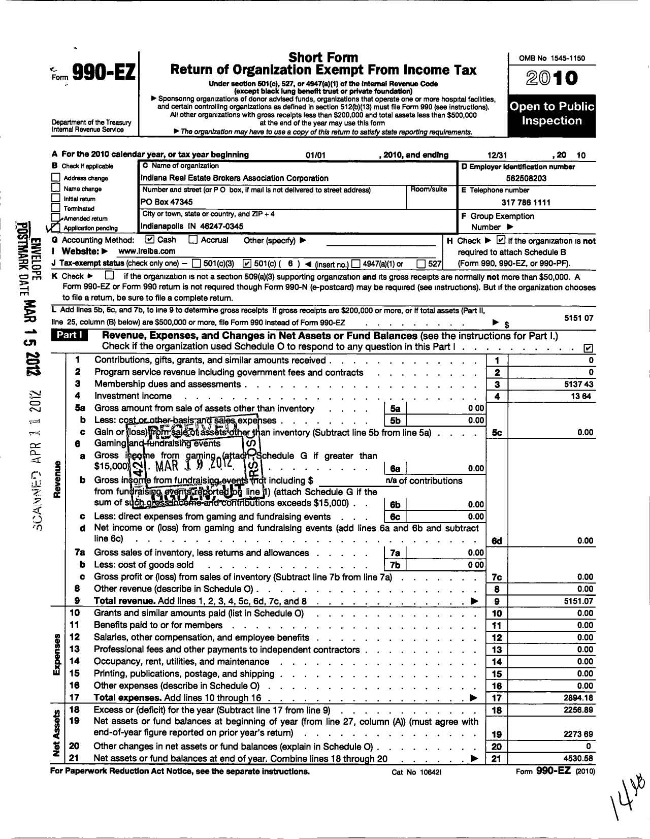 Image of first page of 2010 Form 990EO for Indiana Real Estate Independent Brokers Association (IREIBA)