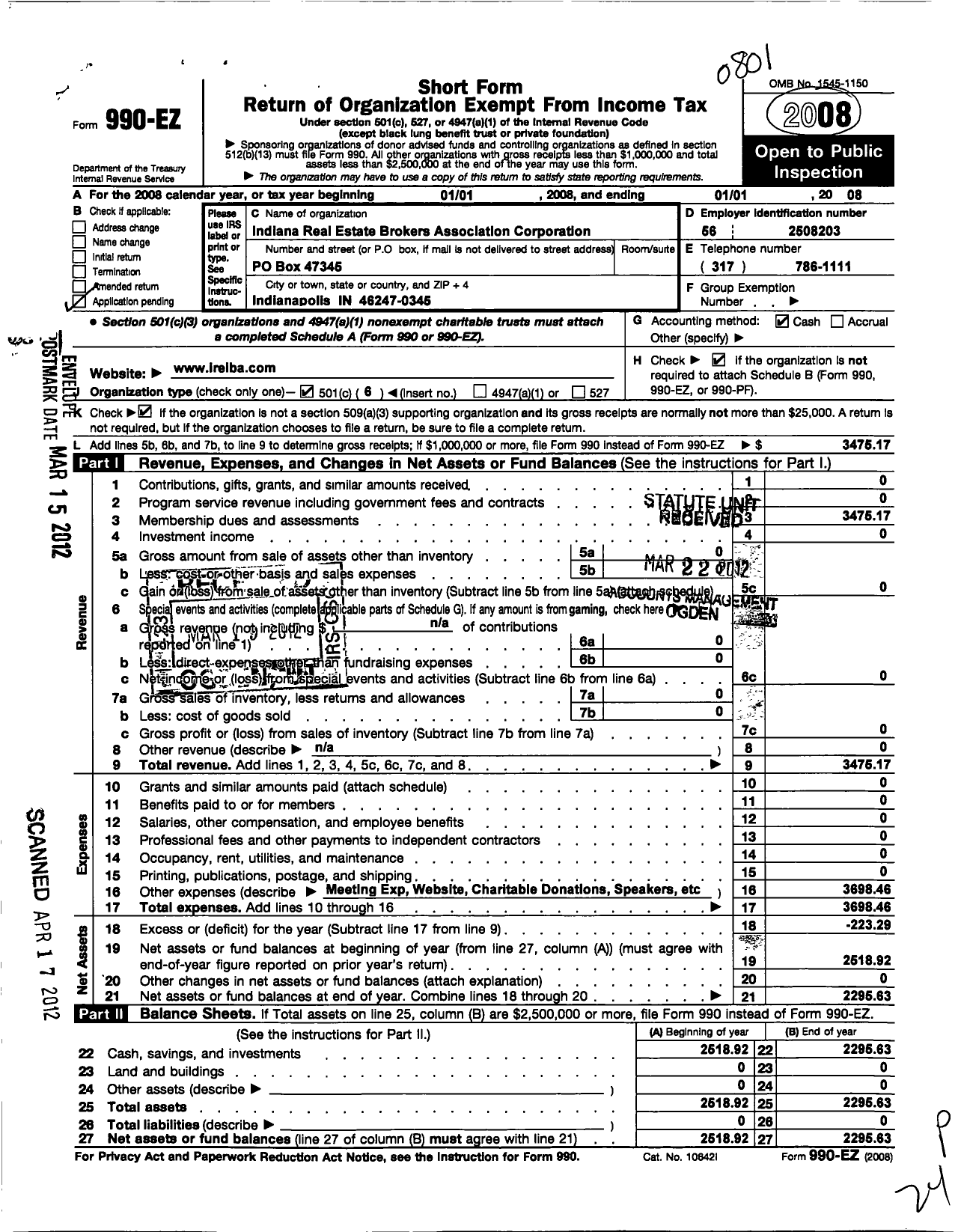 Image of first page of 2007 Form 990EO for Indiana Real Estate Independent Brokers Association (IREIBA)