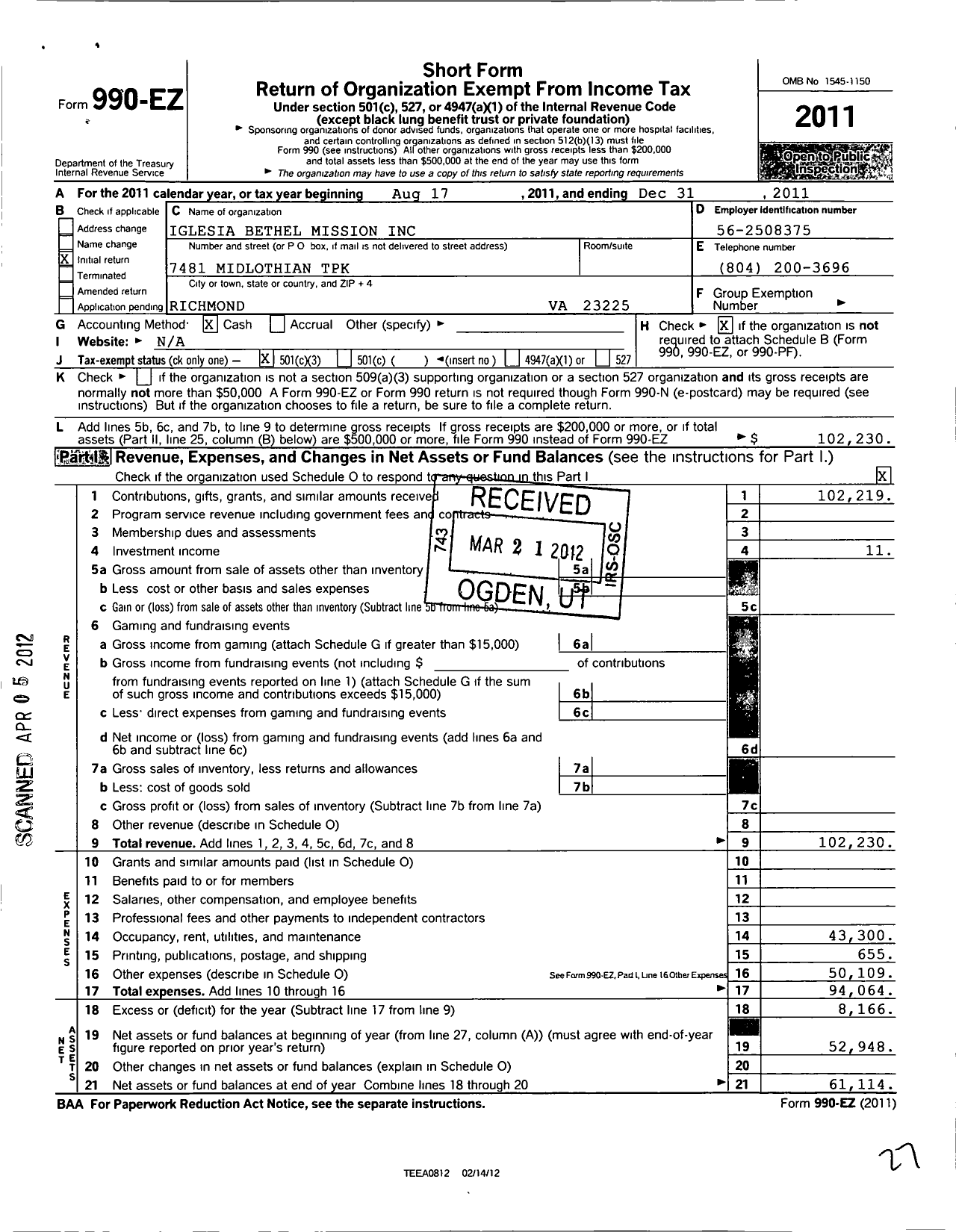 Image of first page of 2011 Form 990EZ for Iglesia Bethel Mission