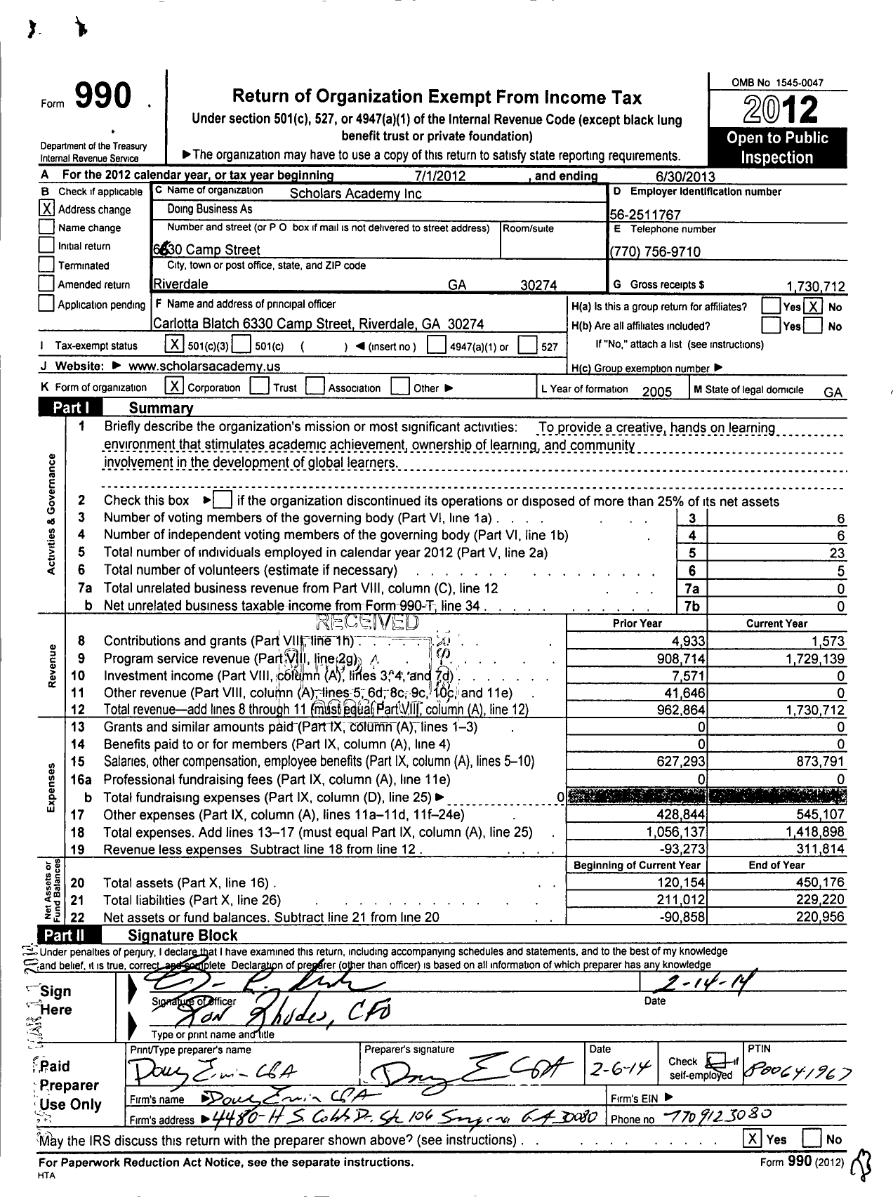 Image of first page of 2012 Form 990 for Scholars Academy