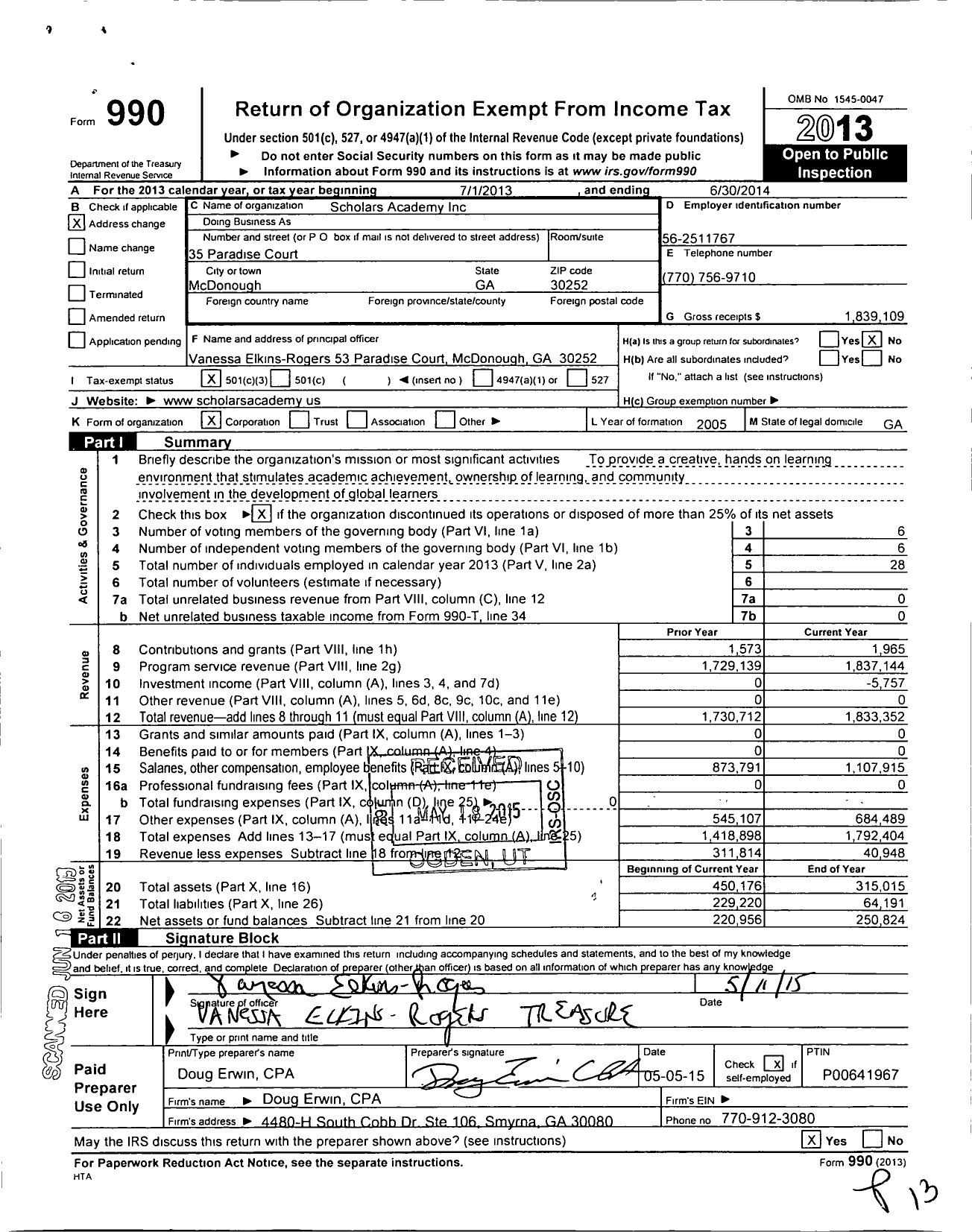 Image of first page of 2013 Form 990 for Scholars Academy