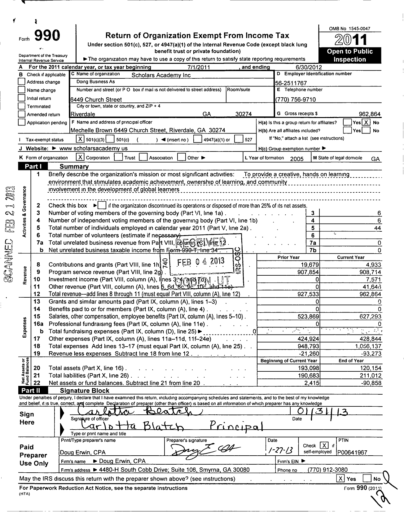 Image of first page of 2011 Form 990 for Scholars Academy