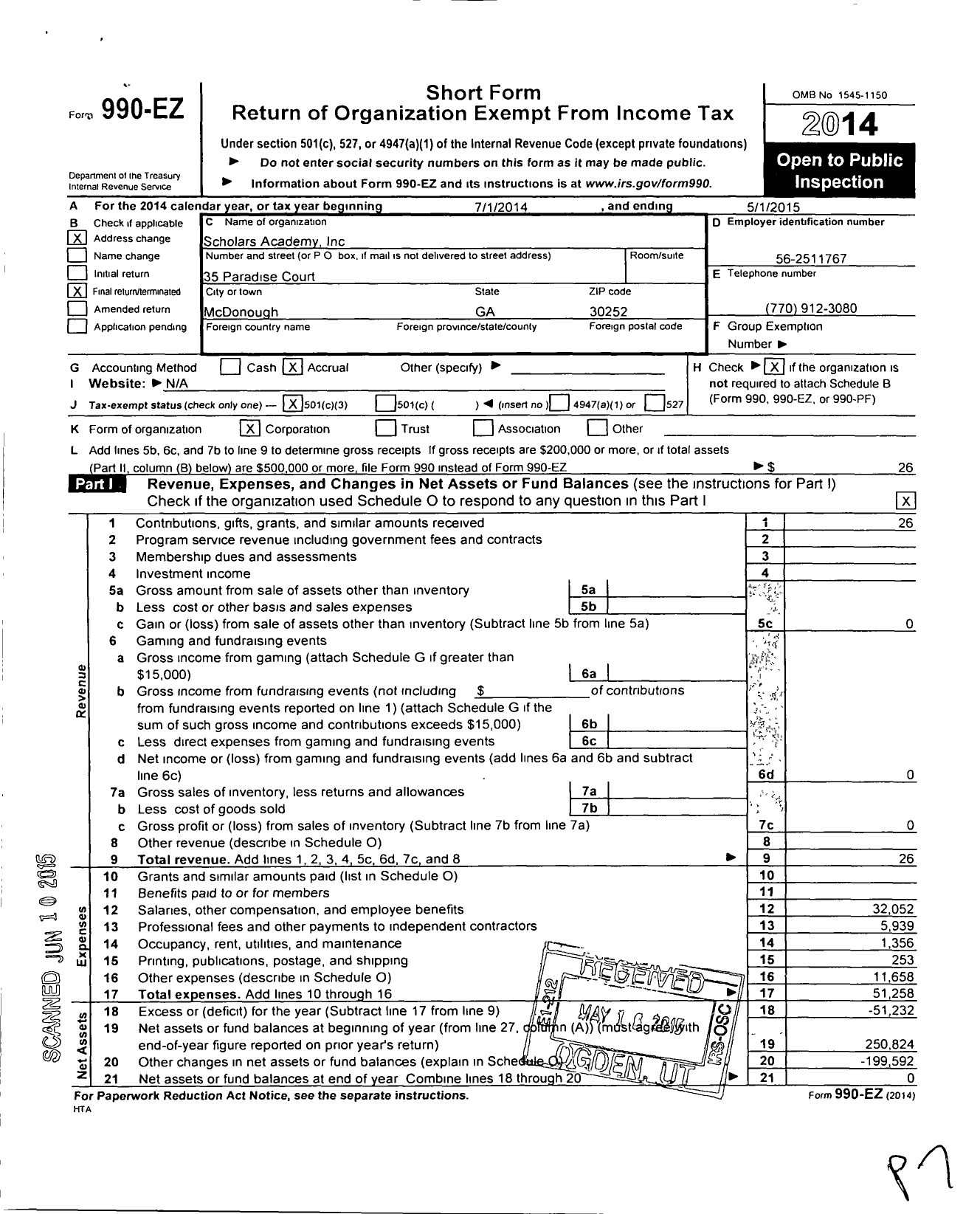 Image of first page of 2014 Form 990EZ for Scholars Academy