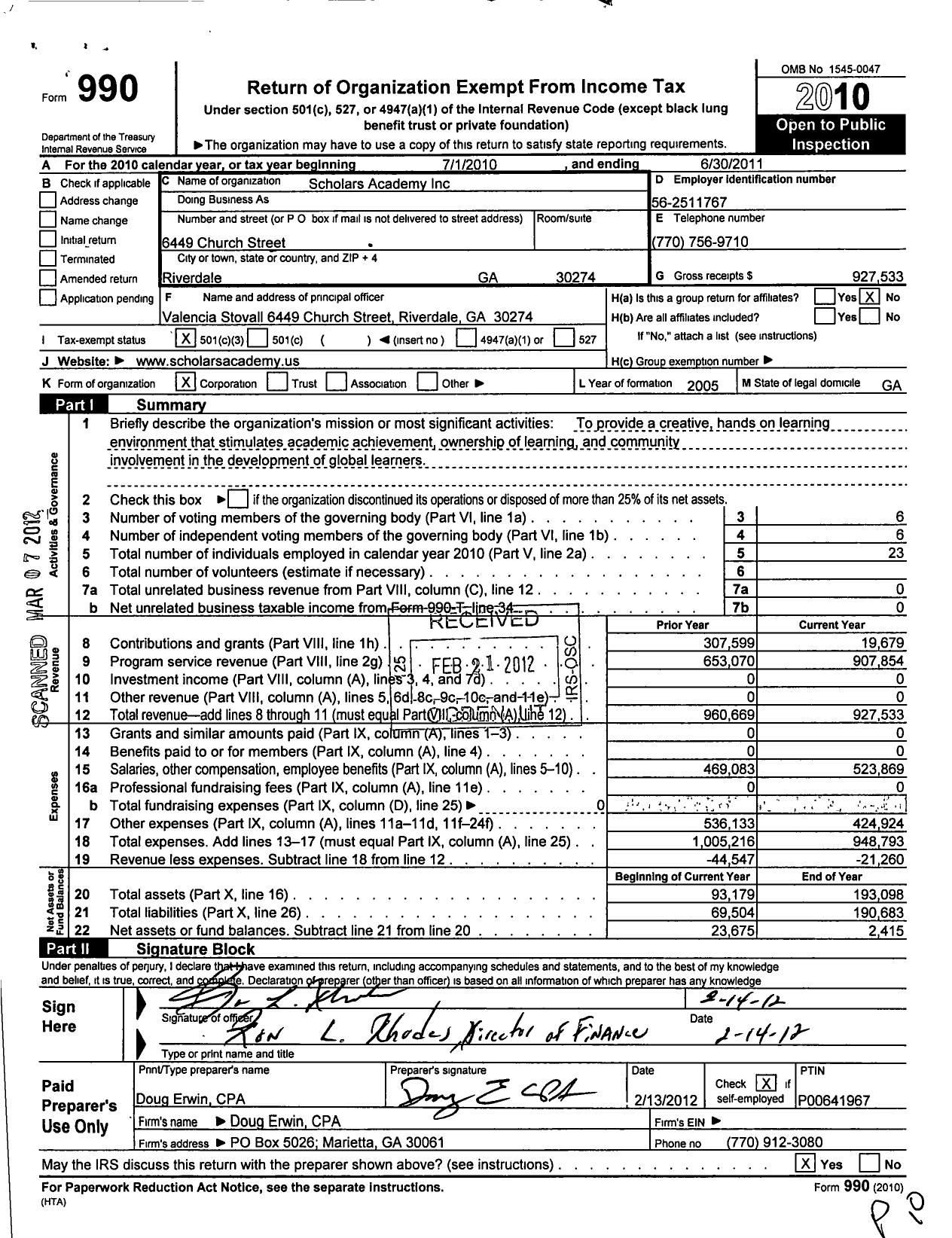 Image of first page of 2010 Form 990 for Scholars Academy