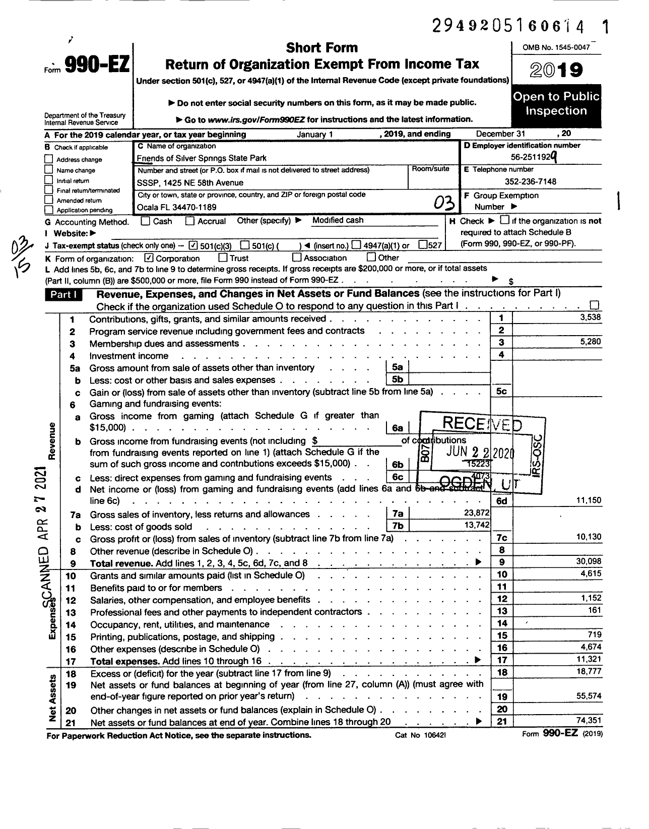 Image of first page of 2019 Form 990EZ for Friends of Silver Springs State Park