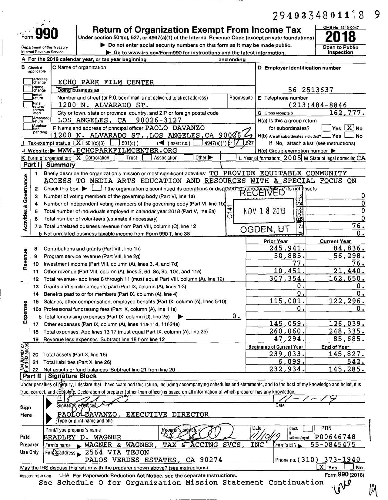 Image of first page of 2018 Form 990 for Echo Park Film Center