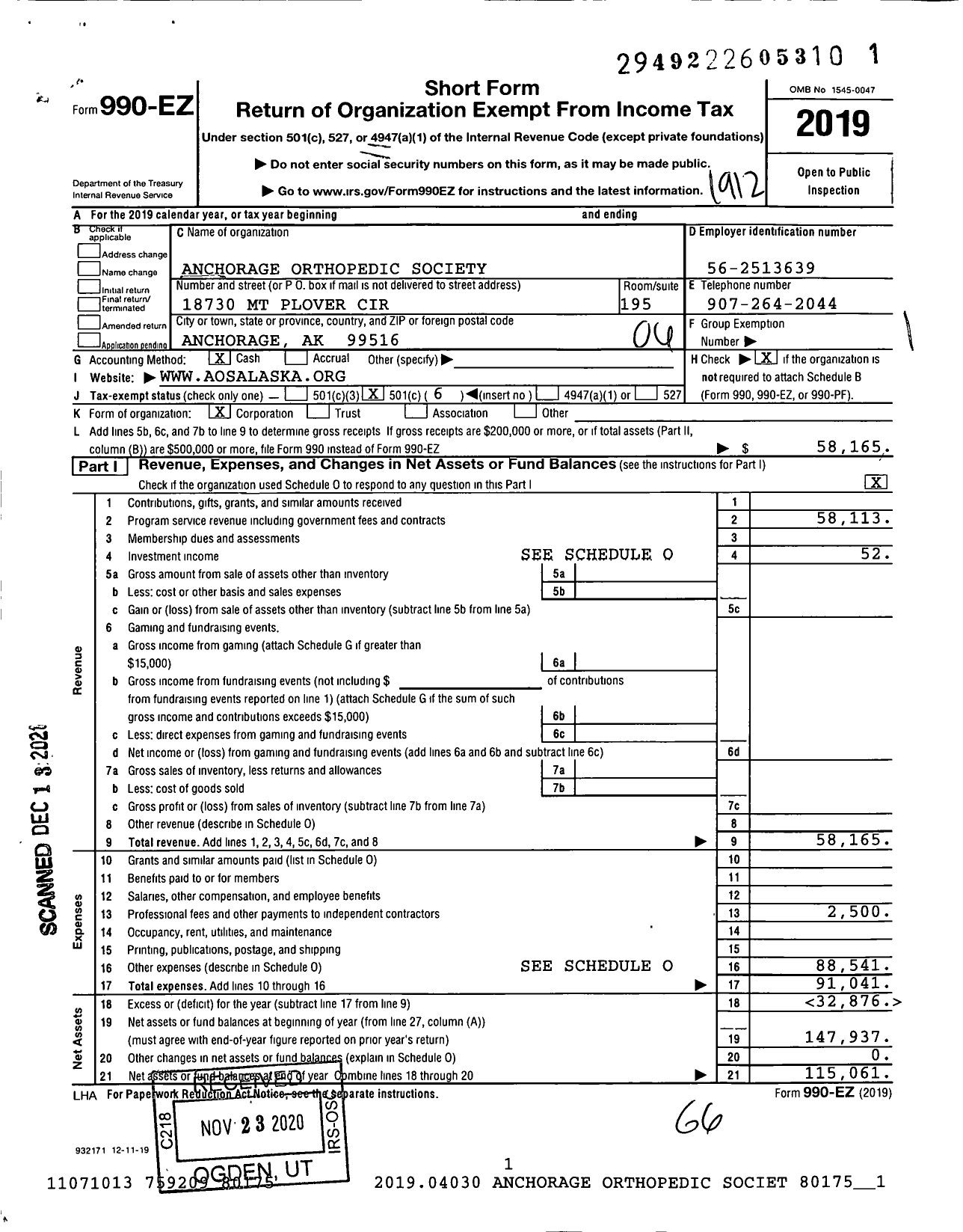 Image of first page of 2019 Form 990EO for Anchorage Orthopedic Society
