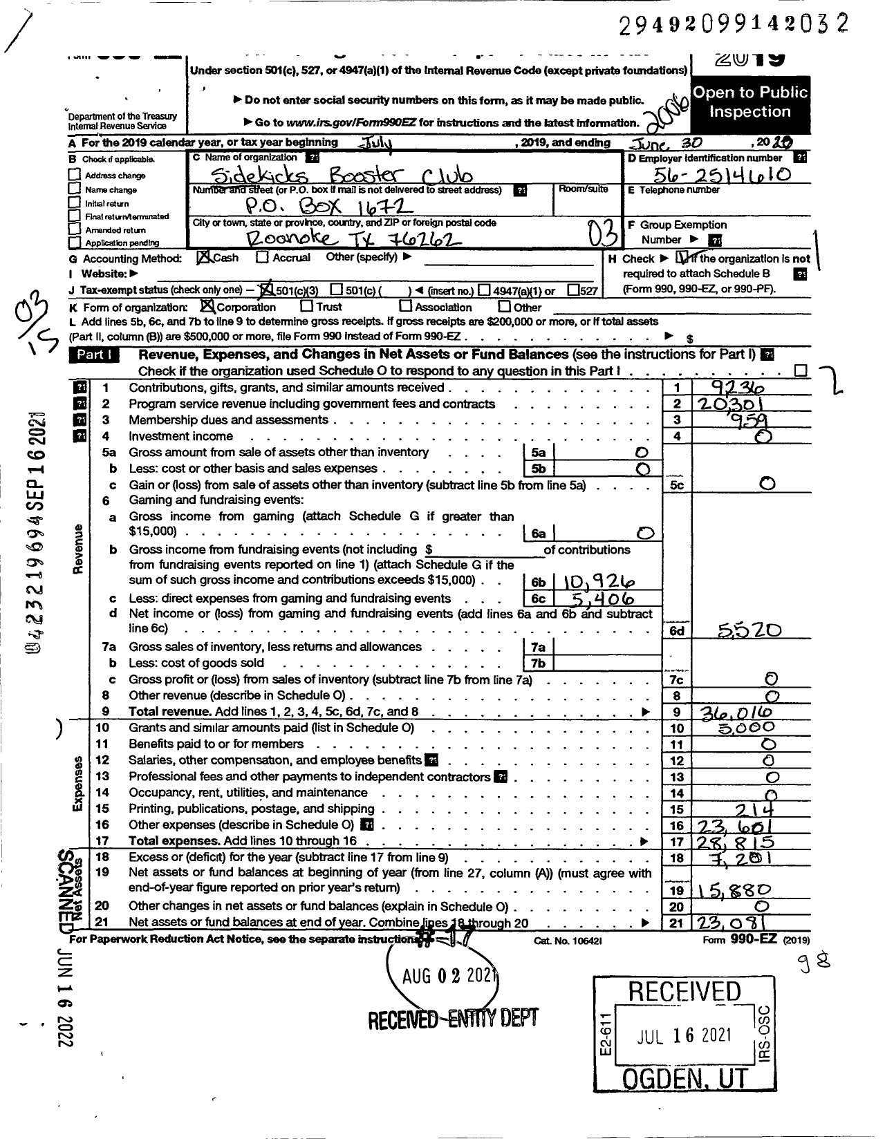 Image of first page of 2019 Form 990EZ for Sidekicks Booster Club