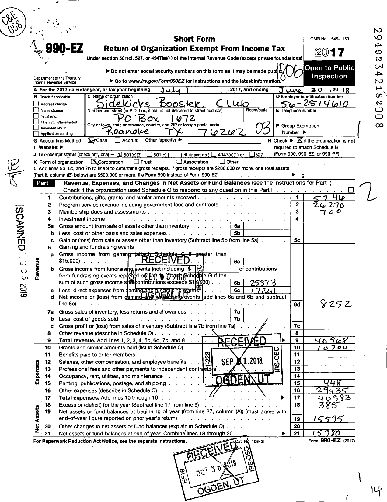 Image of first page of 2017 Form 990EZ for Sidekicks Booster Club