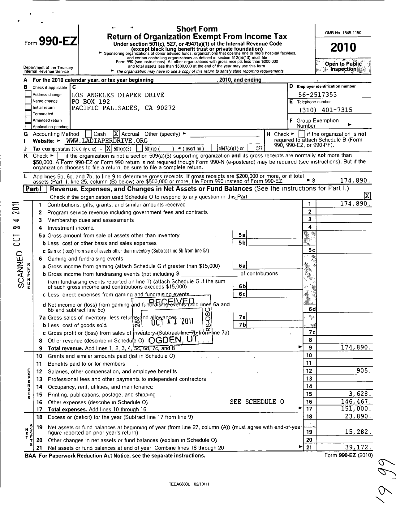 Image of first page of 2010 Form 990EZ for Los Angeles Diaper Drive (LADD)