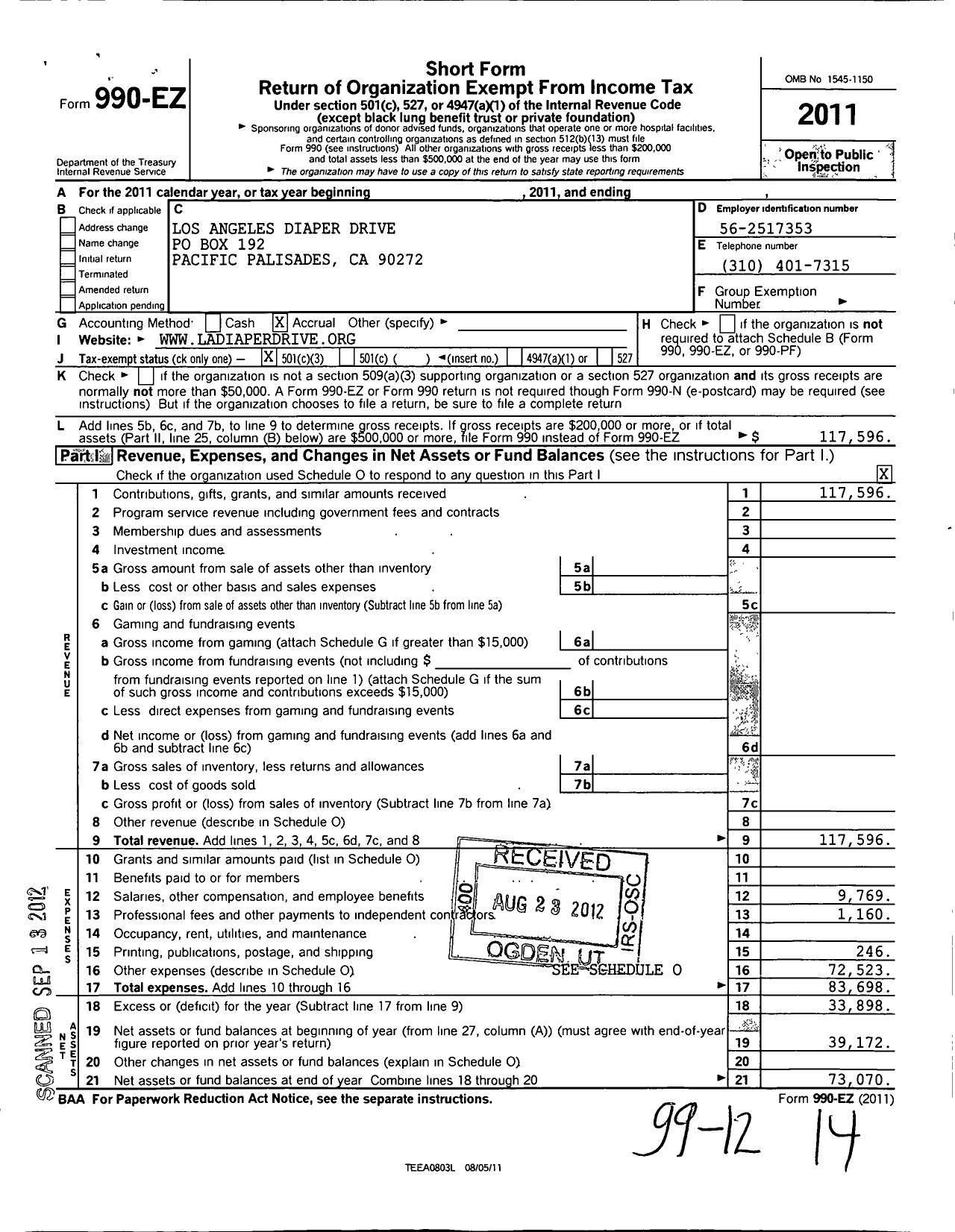 Image of first page of 2011 Form 990EZ for Los Angeles Diaper Drive (LADD)