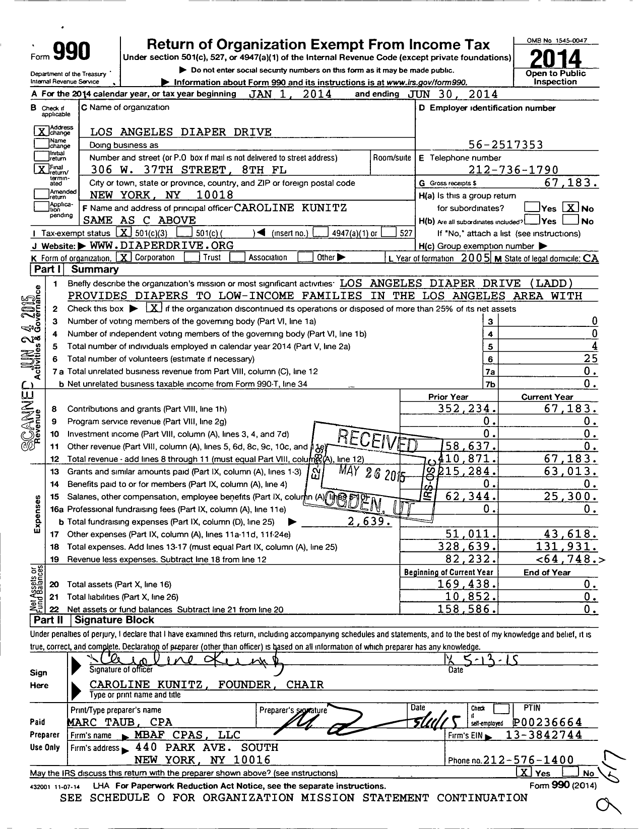 Image of first page of 2013 Form 990 for Los Angeles Diaper Drive (LADD)