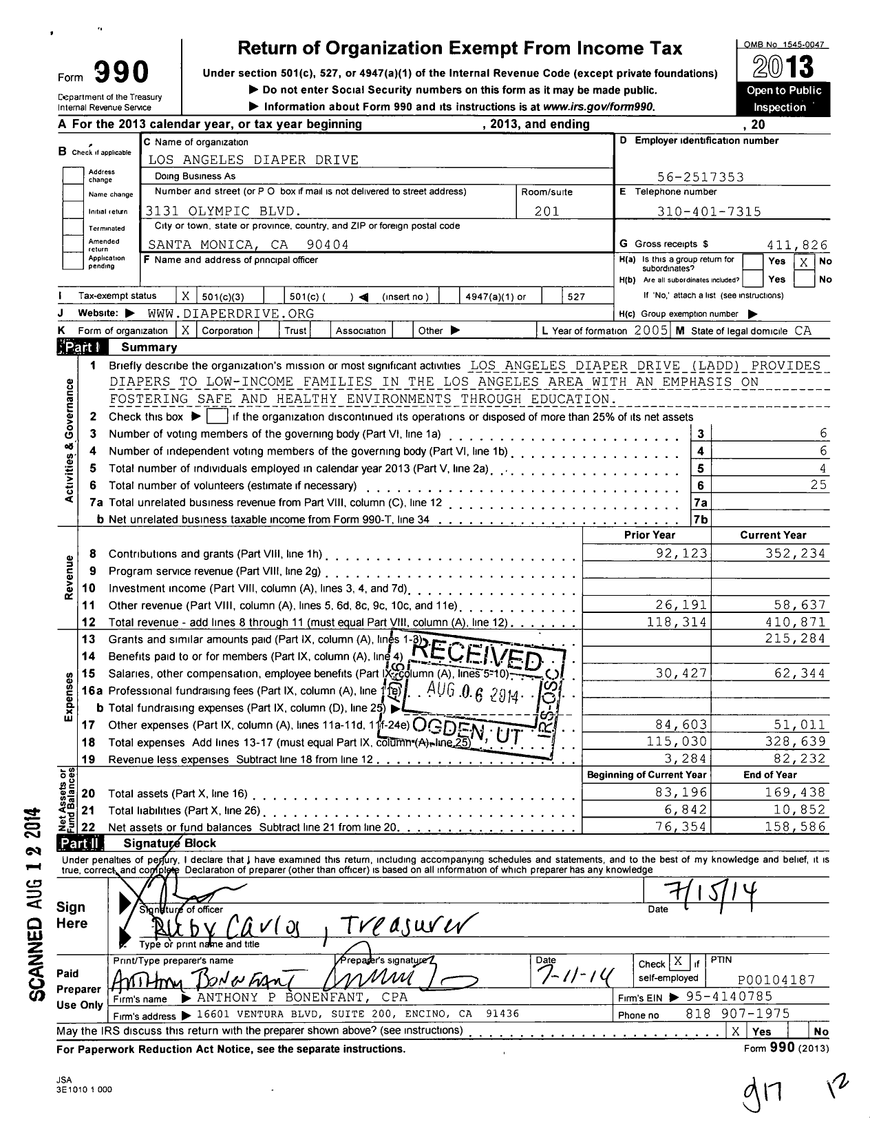 Image of first page of 2013 Form 990 for Los Angeles Diaper Drive (LADD)