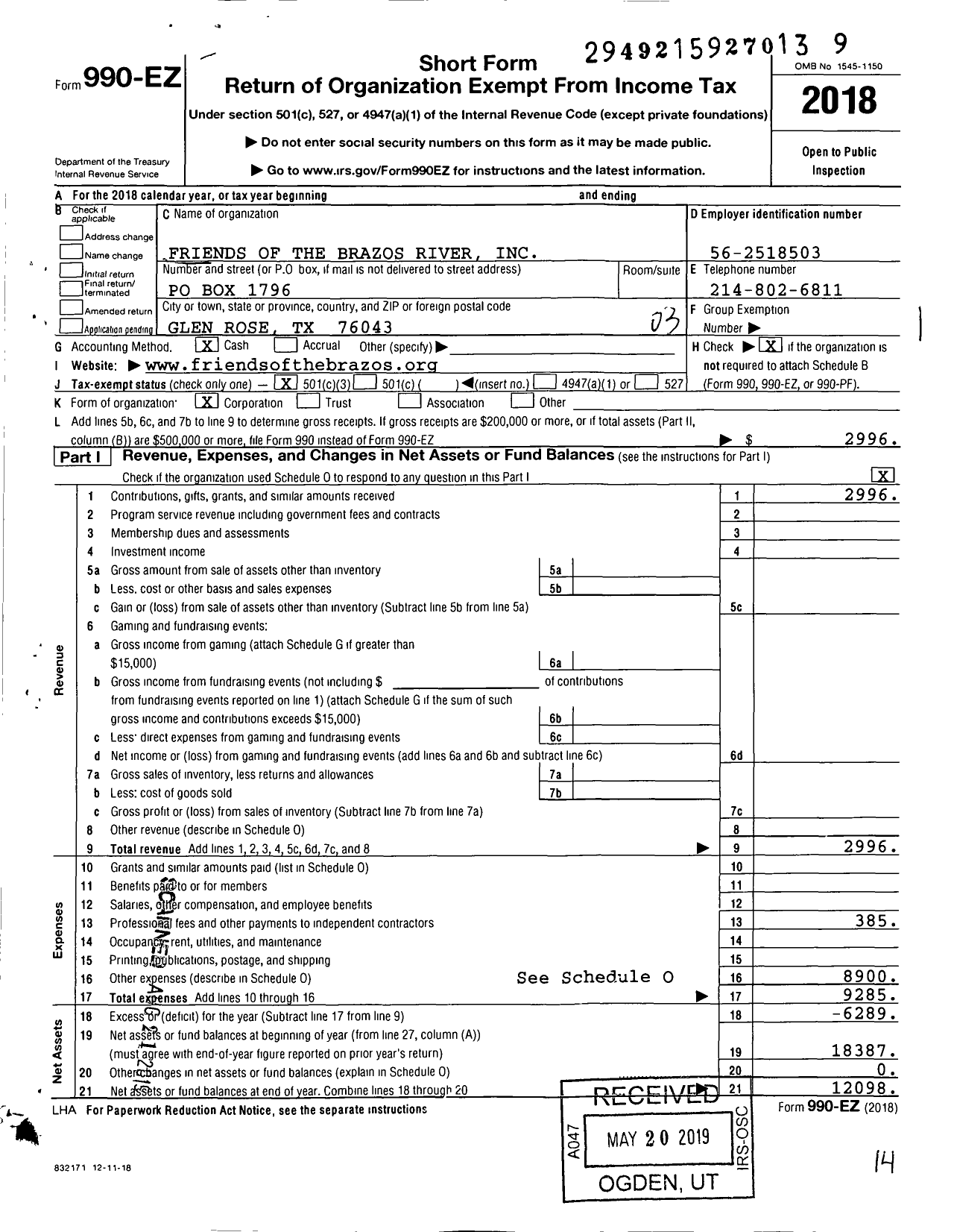 Image of first page of 2018 Form 990EZ for Friends of the Brazos River