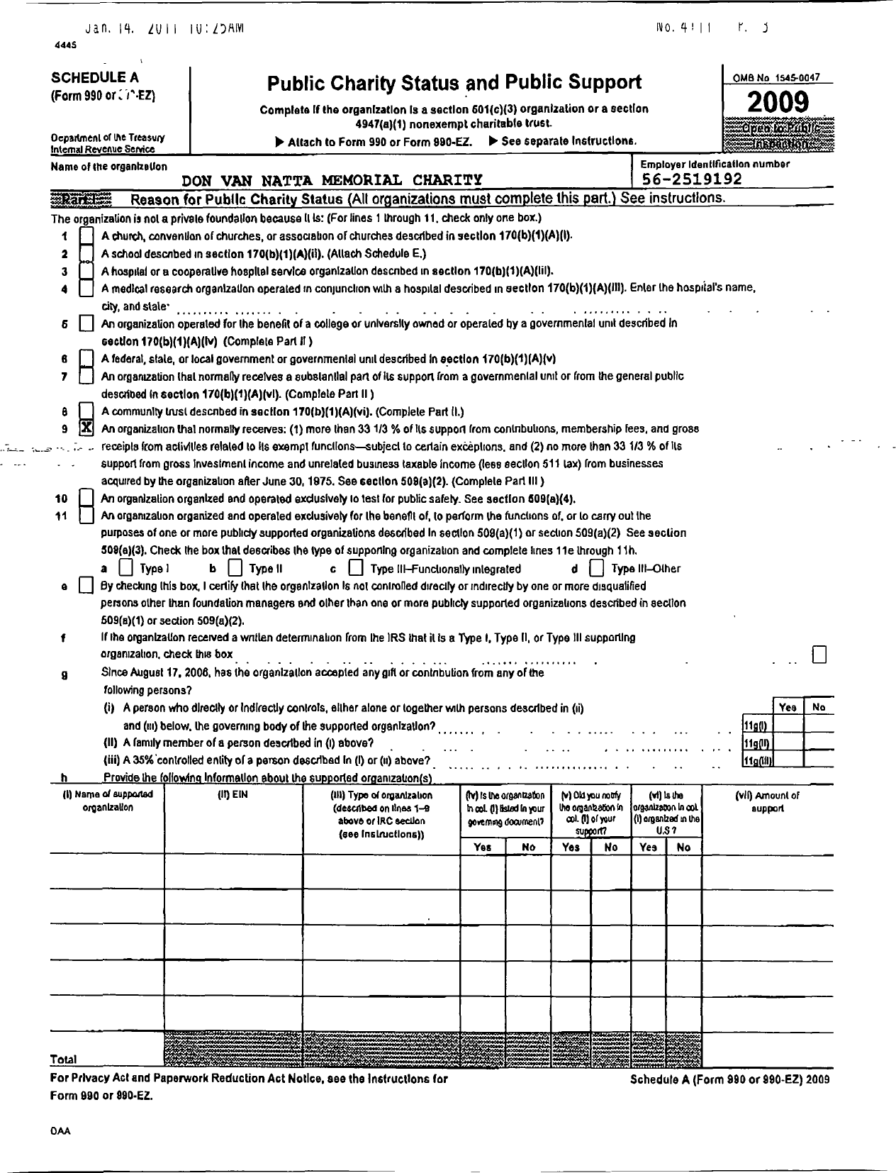 Image of first page of 2009 Form 990R for Don Van Natta Memorial Charity